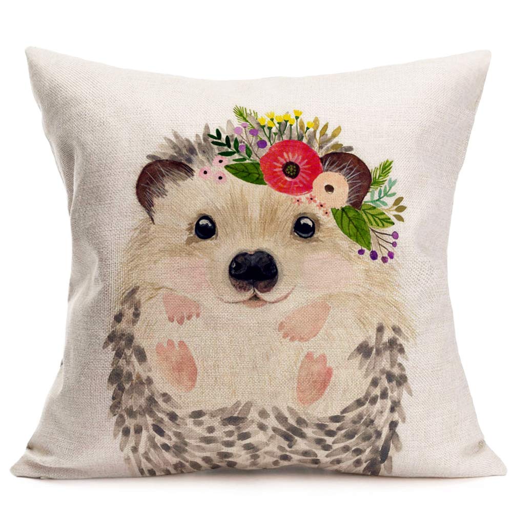 Royalours Pillow Covers Funny Animals Adorable Hedgehog With Beautiful Flower Wreath Decorative Cotton Linen Throw Pillow Cover