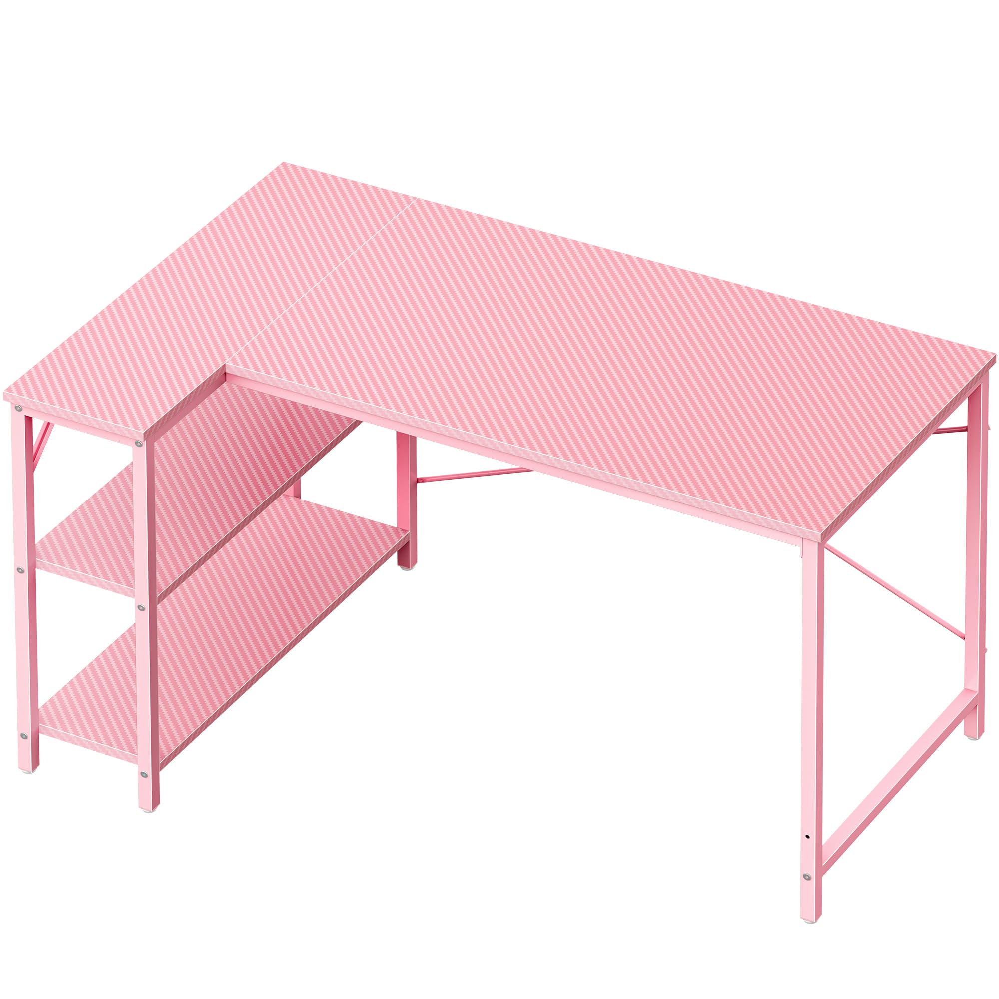 Huuger L Shaped Desk, 47 Inches Computer Desk With Reversible Storage Shelves, Gaming Desk, Corner Desk Home Office Desks, Writing Desk Study Desk With Metal Frame, Pink