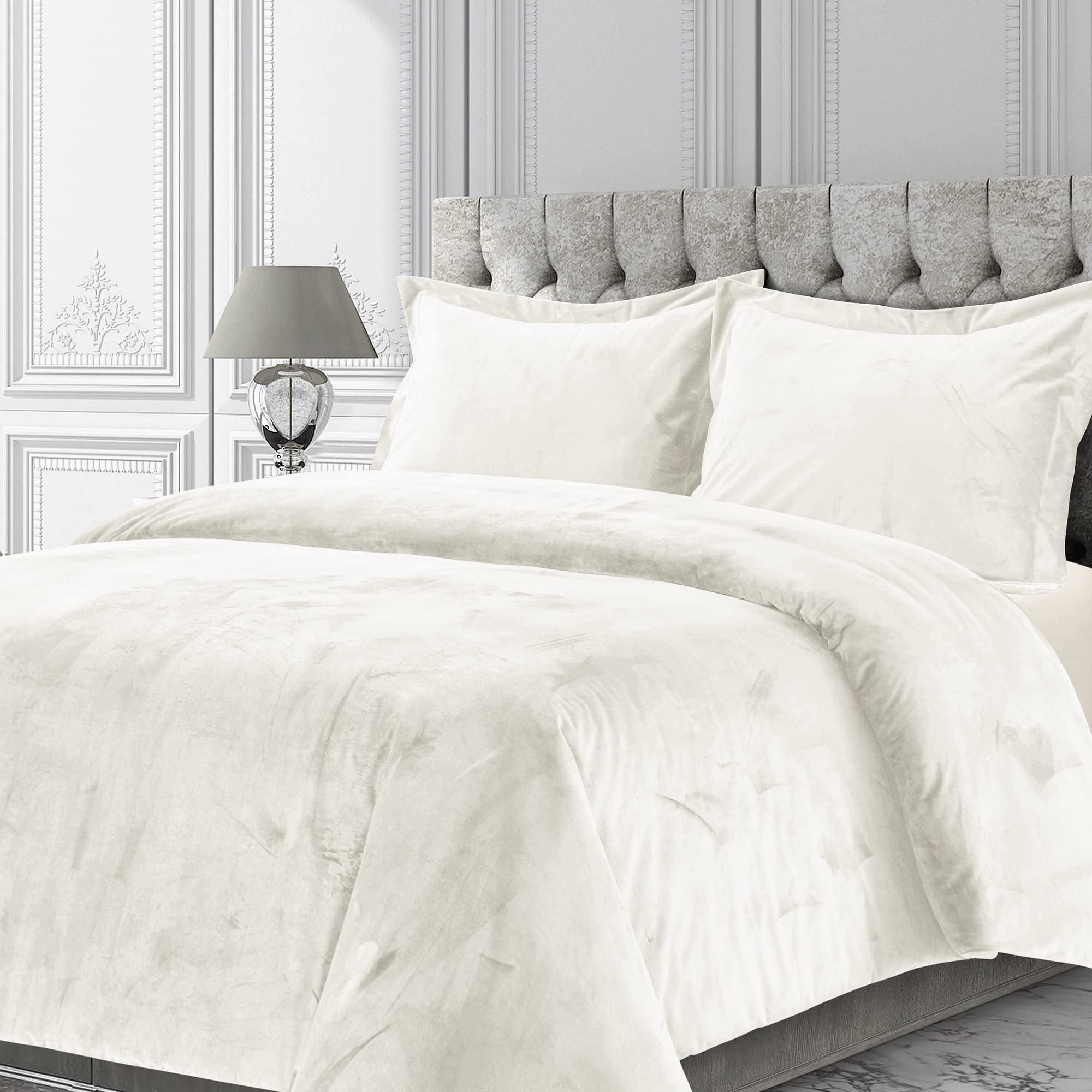 Tribeca Living Veniceduvet Venice Velvet Oversized Solid Duvet Set, King, Ivory
