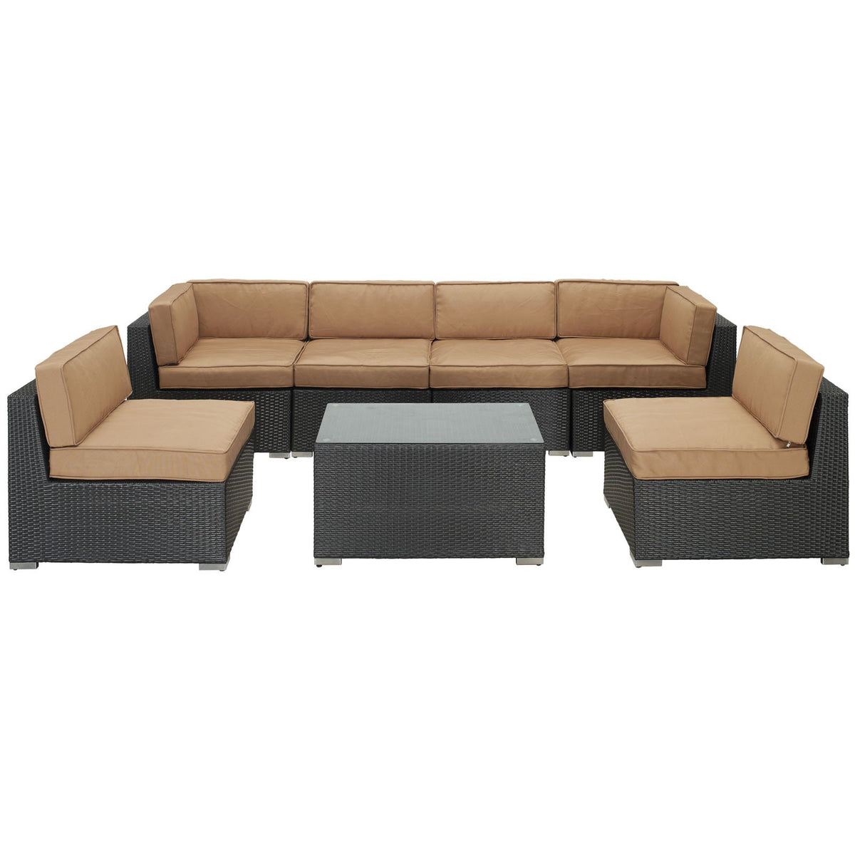 Lexmod Aero Outdoor Wicker Patio 7-Piece Sectional Sofa Set In Espresso With Mocha Cushions