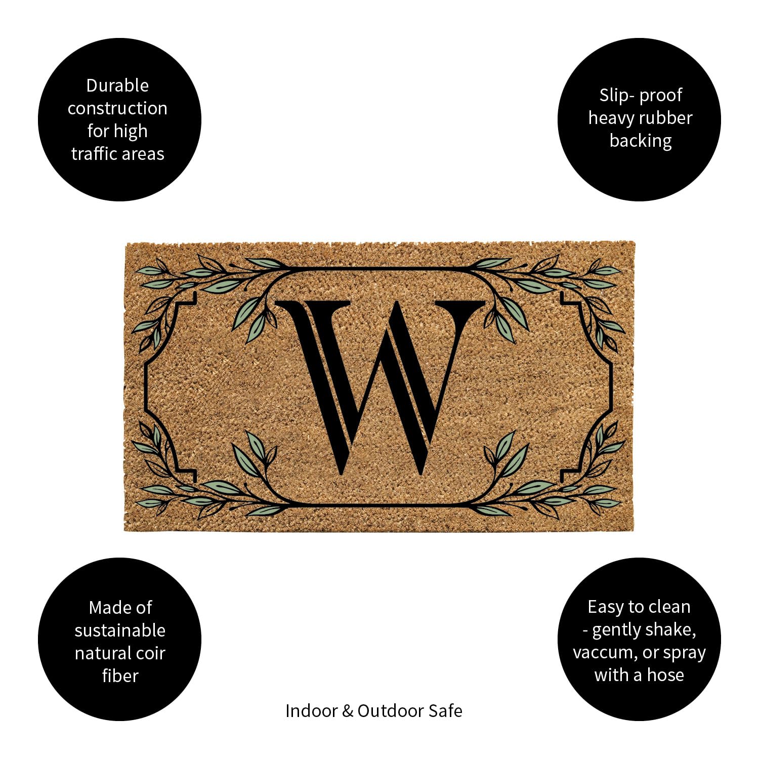 Evergreen Monogram Coir Doormat | Letter W | Front Door Mat For Outdoor Indoor Entrance | 28X16 Inches | Non-Slip Backing Doorwa