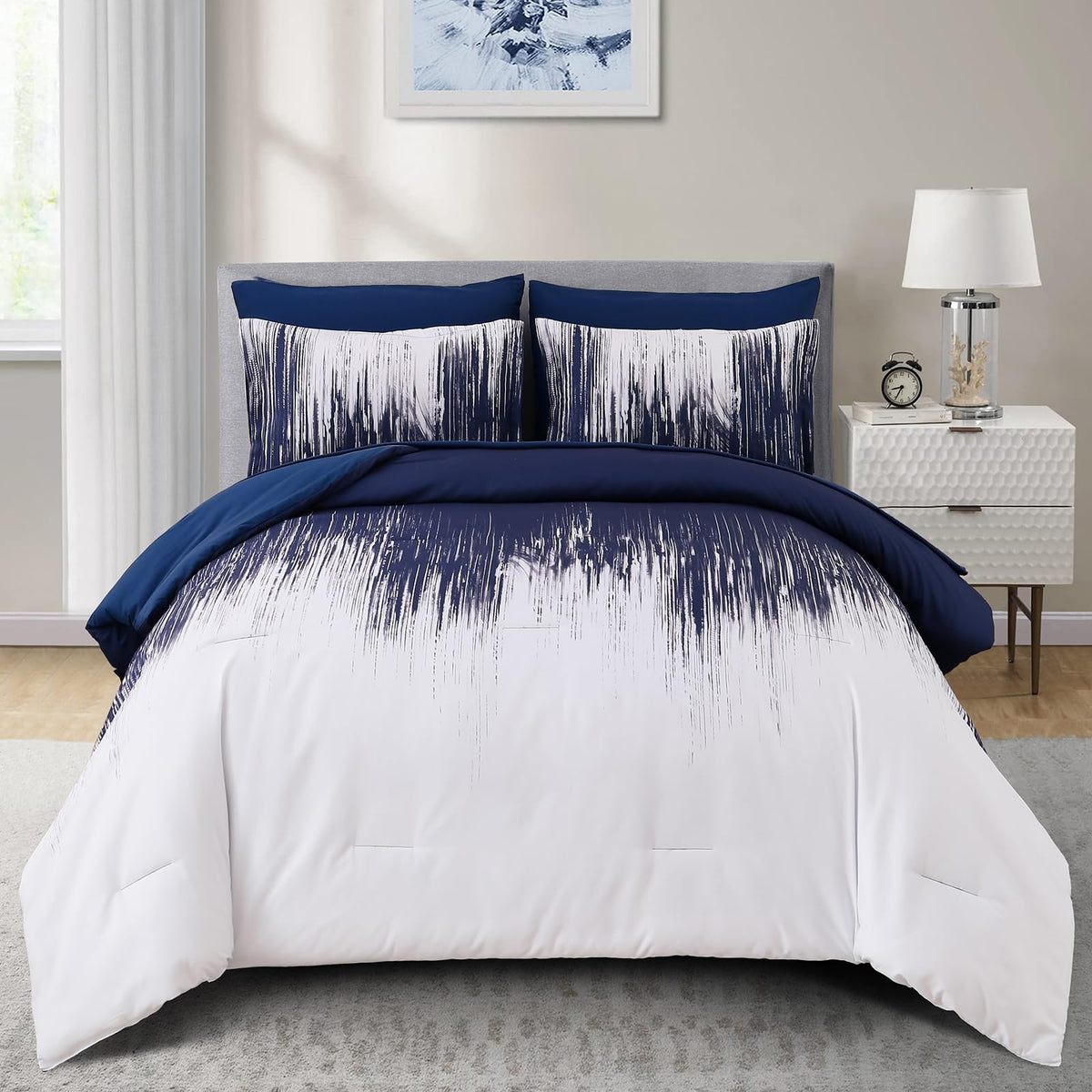 Dinjoy Ombre Blue Comforter Set Twin Size Gradient Navy Blue White Boho Bedding Set for Teen Men Women 6 Pieces Bed in A Bag Boh