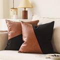 Gegelica Set Of 2Faux Leather Patchwork Black Linen Throw Pillow Covers, Modern Minimalist Farmhouse Solid Brown Accent Square D