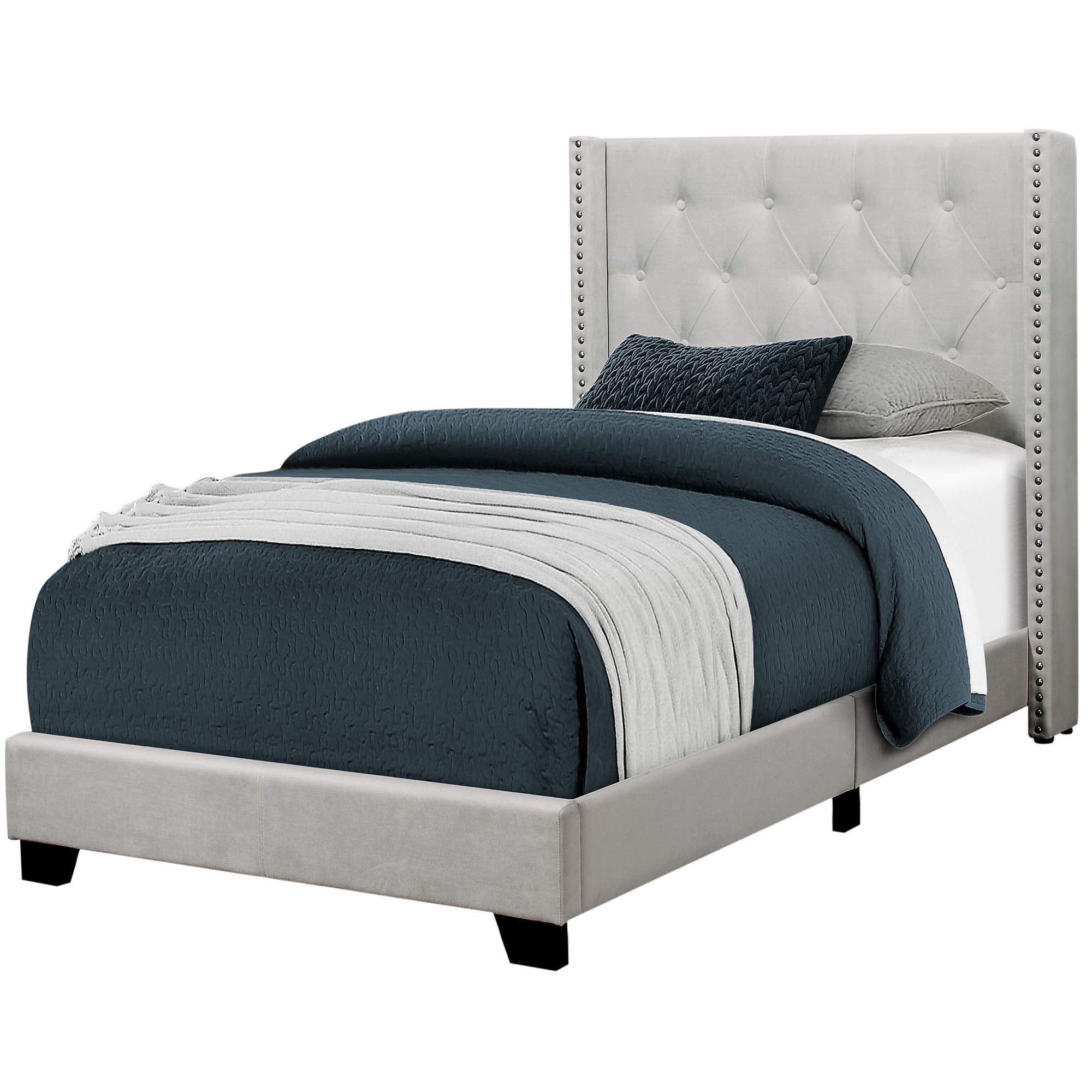 Monarch Specialties I Size/Light Grey Velvet with Chrome Trim Twin Bed, Double,