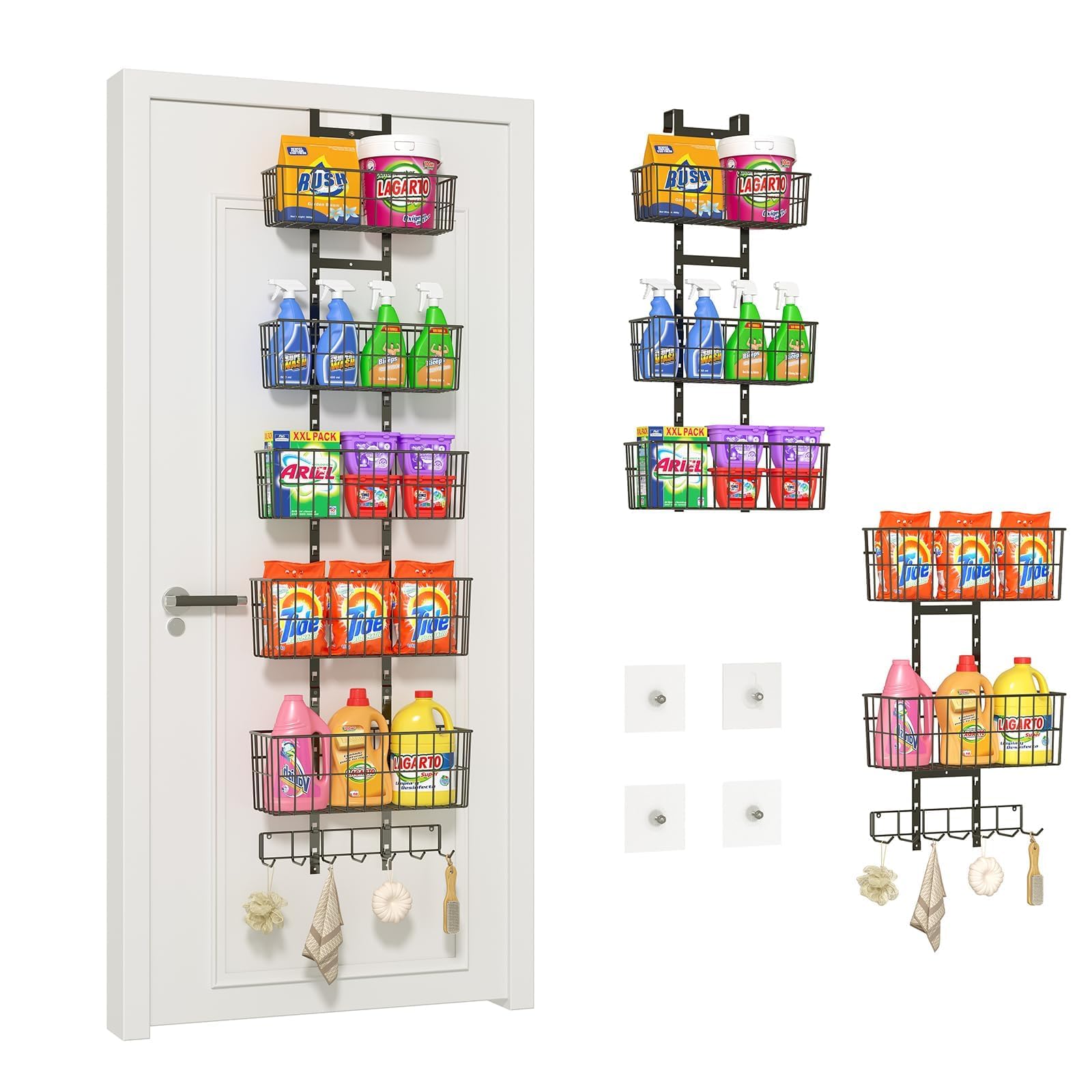 Hongtamoya Adjustable Over The Door Laundry Room Organizer, Hanging Metal Laundry Room Shelves with 5 Wire Basket 7 Hooks, Wall 