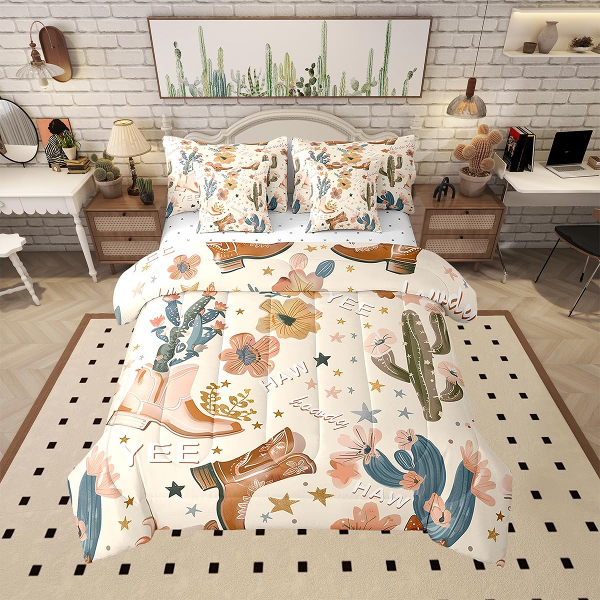 Manfei 7 Pieces Cowboy Comforter Set Full Size, Cowboy Boots Bedding Set For Kids Girls Bedroom Decor, Wild West Cactus Flower C