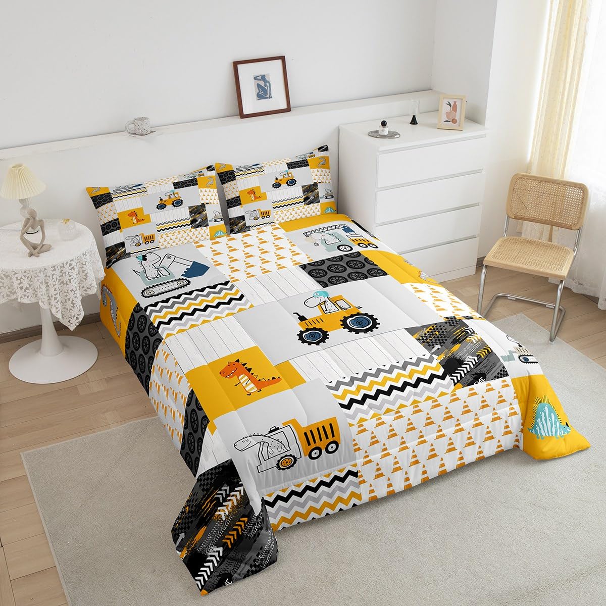 Construction Comforter Set Full Size Kids Cartoon Car Excavator Tractor Toddler Comforter Equipment Trucks Plaid Grid Yellow Com