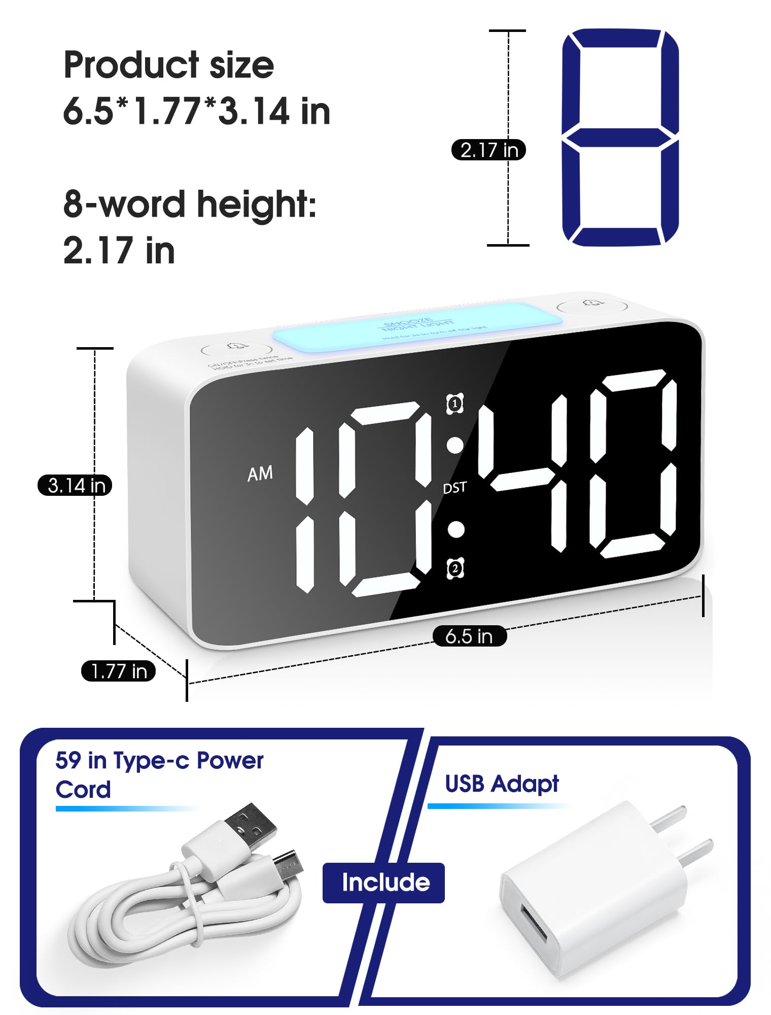 Cadmos Super Loud Alarm Clock for Heavy Sleepers, Digital Clock with RGB Night Light, Adjustable Volume, USB Charger - White