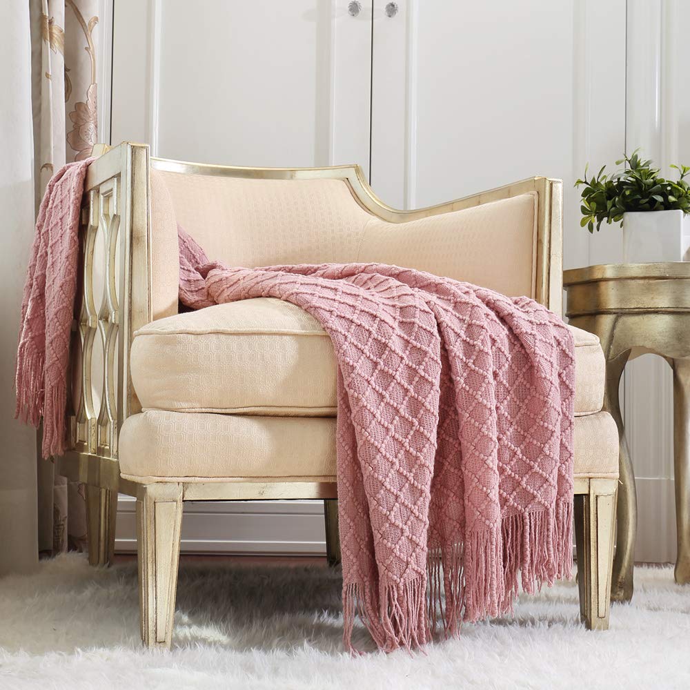 Crevent Light Blush Pink Knit Throw Blanket For Couch Sofa Chair - Soft And Decorative For Spring Summer (50''X60'' Dusty Pink/P