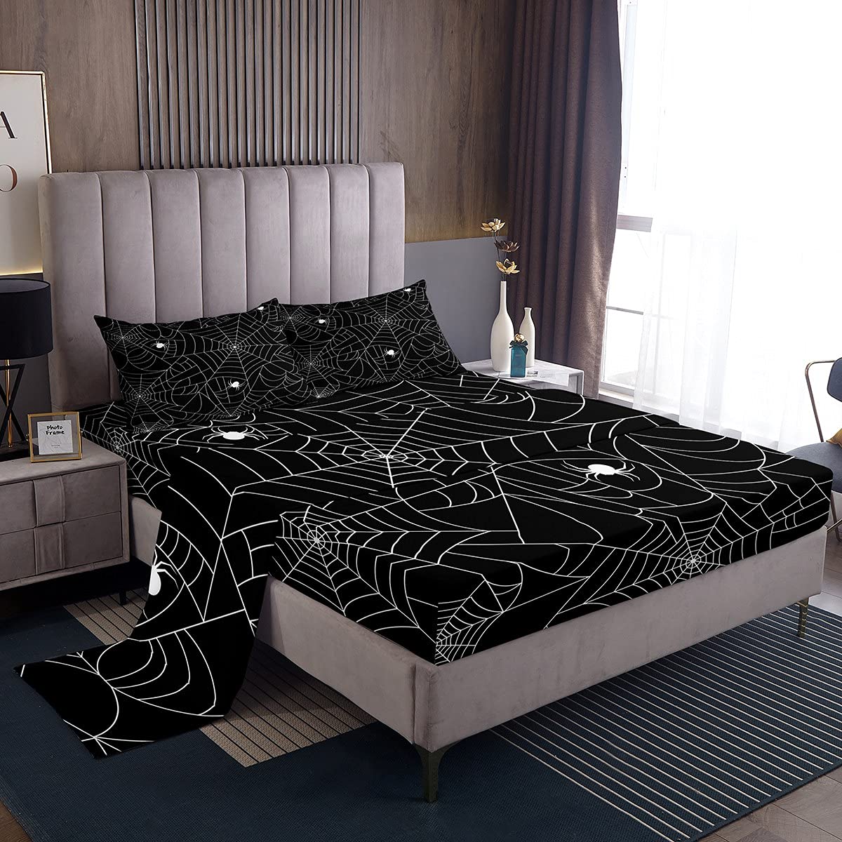Boys Spider Web Sheet Set for Kids Children Halloween Themed Bed Sheet Set Full Girls Decorative Scary Spider Pattern Sheets Sof