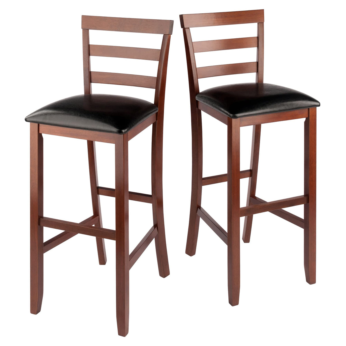 Winsome Simone 2-Pc Ladder Back Bar Stools Set, 30&quot; Seat Height, Walnut Finish with Black Faux Leather