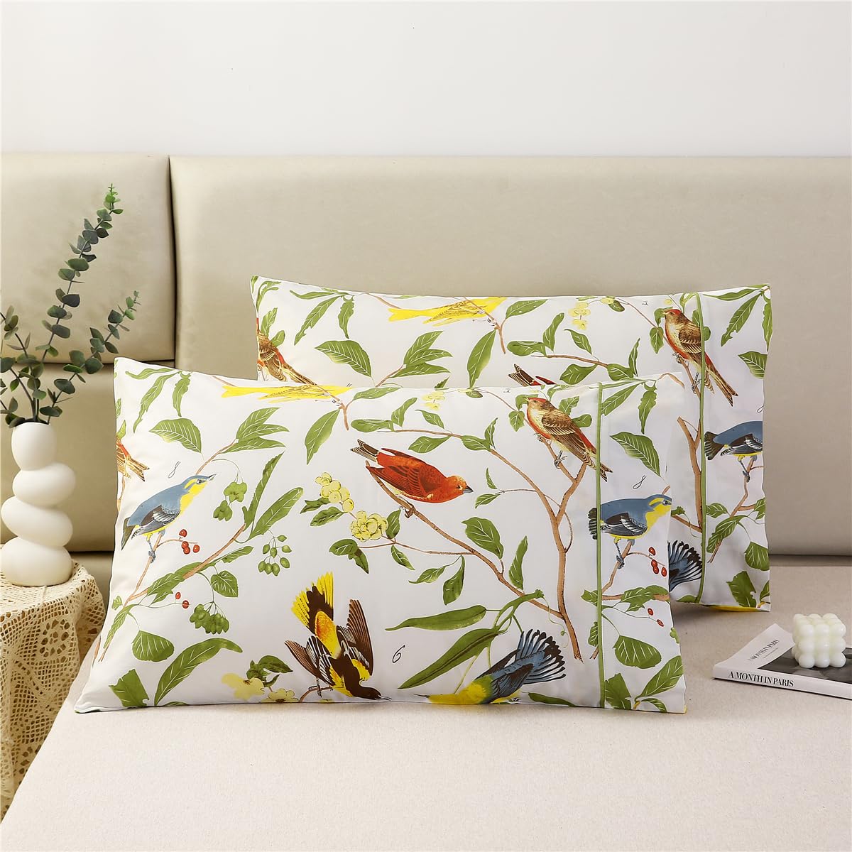 Urbonur 100% Cotton Pillowcases Set Of 2 Queen Size Garden Leaves Birds Printed Pillow Cases Soft Breathable Pillowcase Decorati