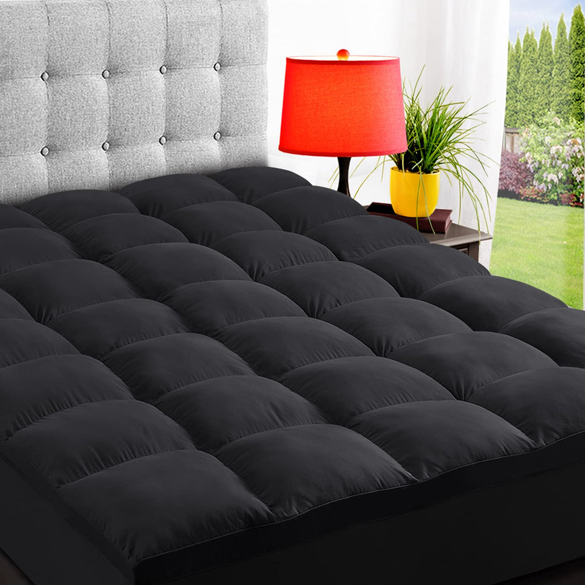 Elemuse Queen Black Mattress Topper For Back Pain, Extra Thick Mattress Pad Cover, Plush Soft Pillowtop With Elastic Deep Pocket