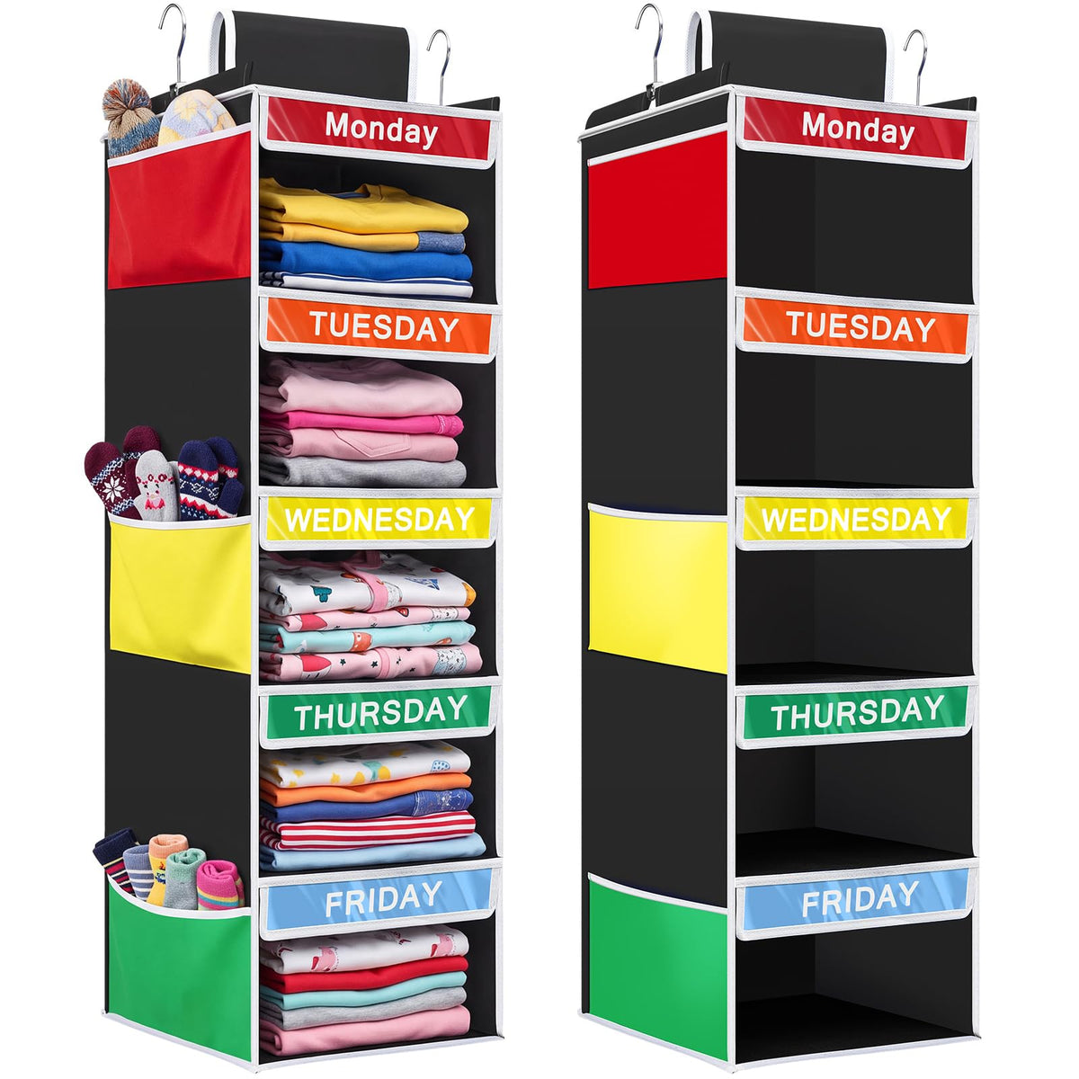 Wowangce 2 Pcs Weekly Clothes Organizer for Kids 5 Shelf Days of The Week Clothes Organizer Monday to Friday Kids Closet Organiz