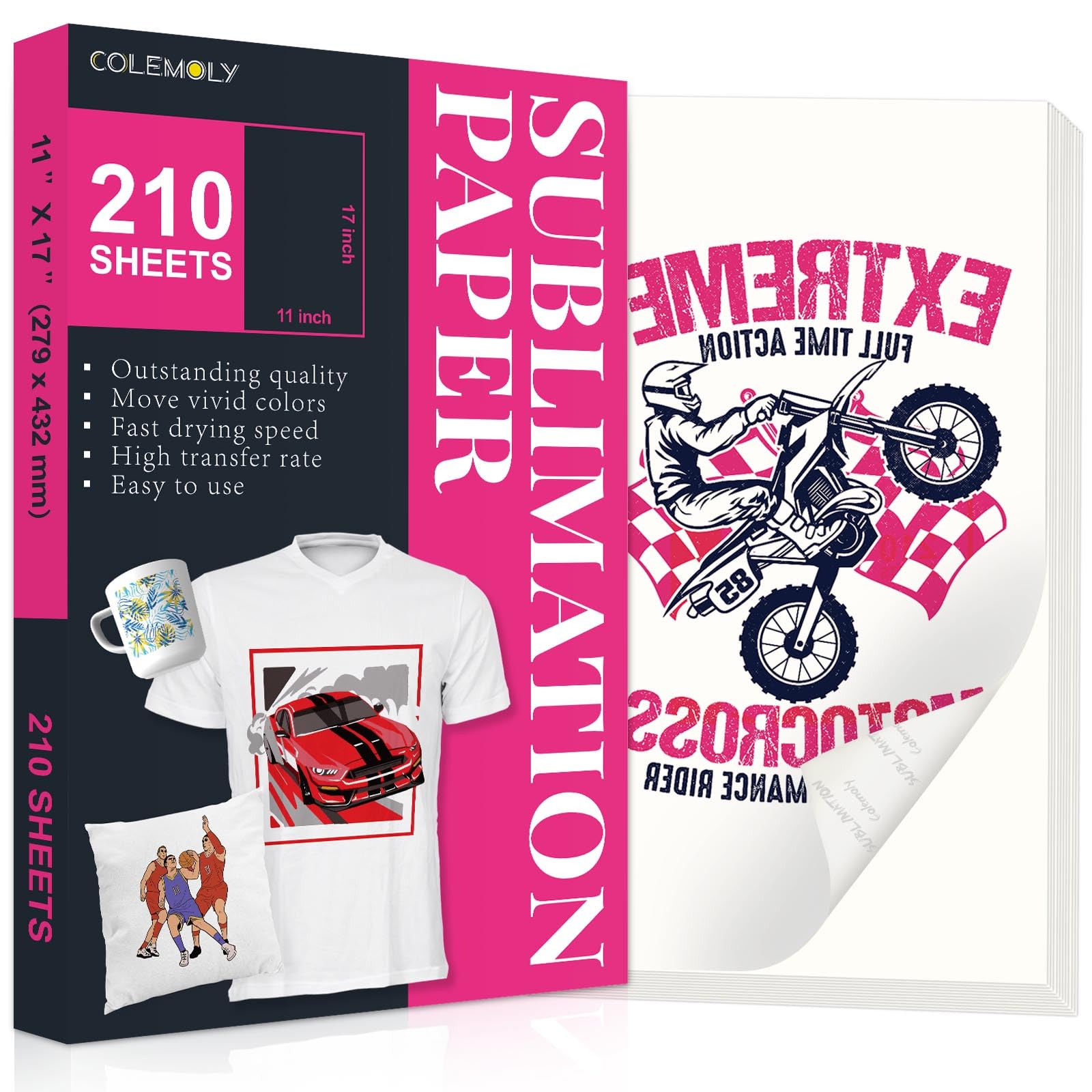 Colemoly Sublimation Paper 11X17, 210 Sheets 125G Heat Transfer Paper Use With Thermal Sublimation Transfer Ink And Any Inkjet P