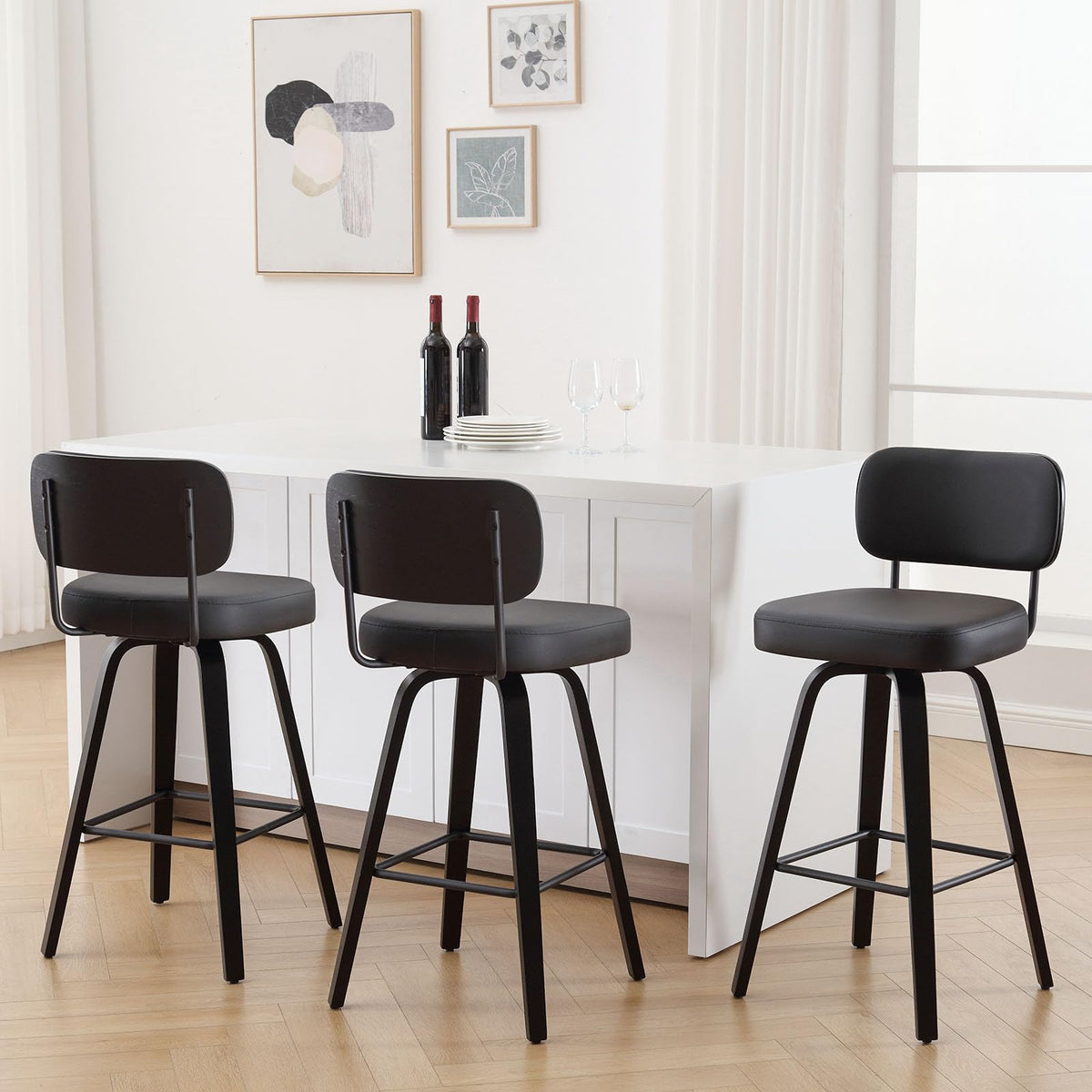 Bekrvio Swivel Bar Height Stools Set Of 3, Upholstered Faux Leather Barstools With Back, 29' Seat Height Tall Bar Stools For Kitchen Counter, Black Wood Frame, Black
