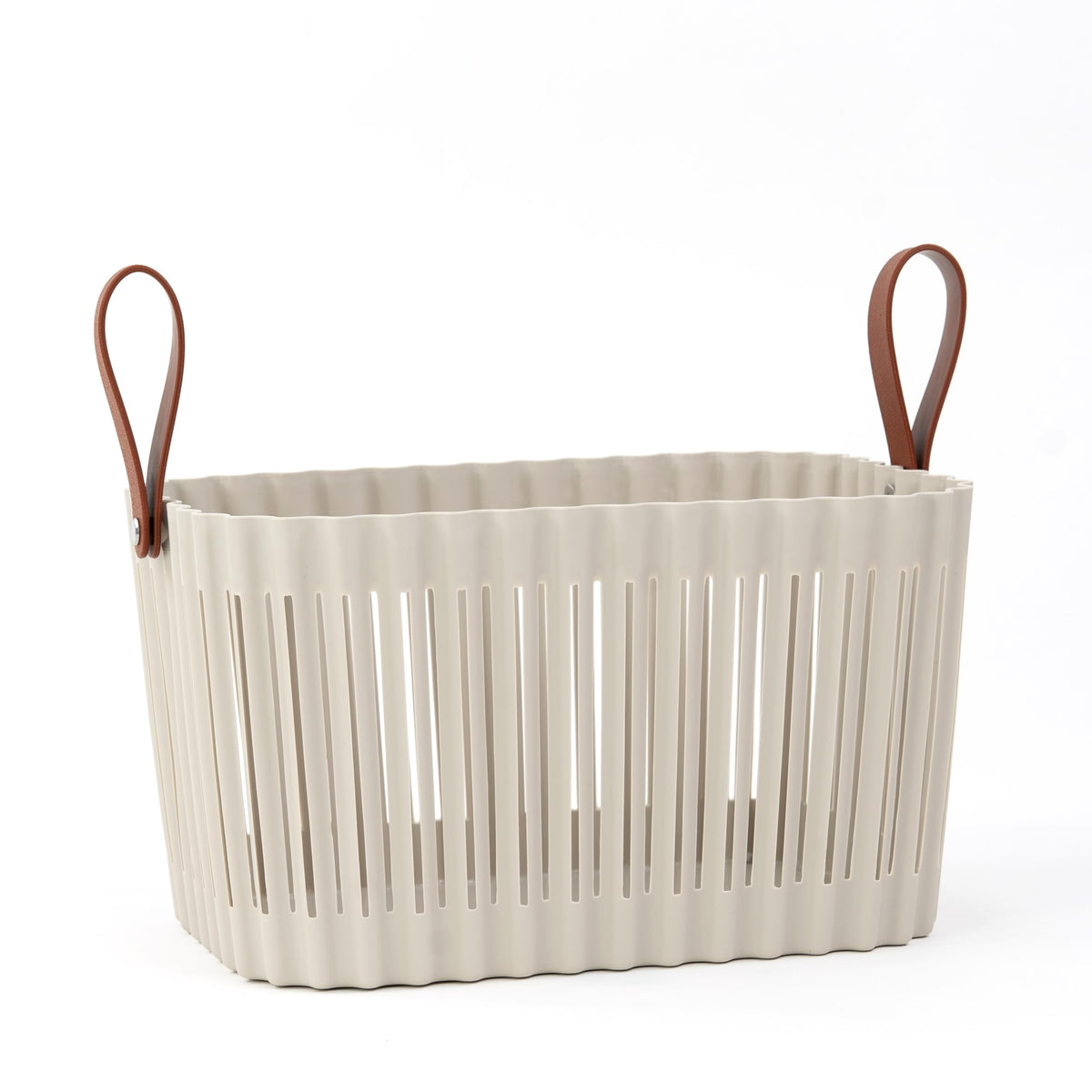 Organizing Essentials Large Plastic Storage Basket with Soft Handles  Tan & Brown Decorative Bin for Bathroom, Laundry, or Livi