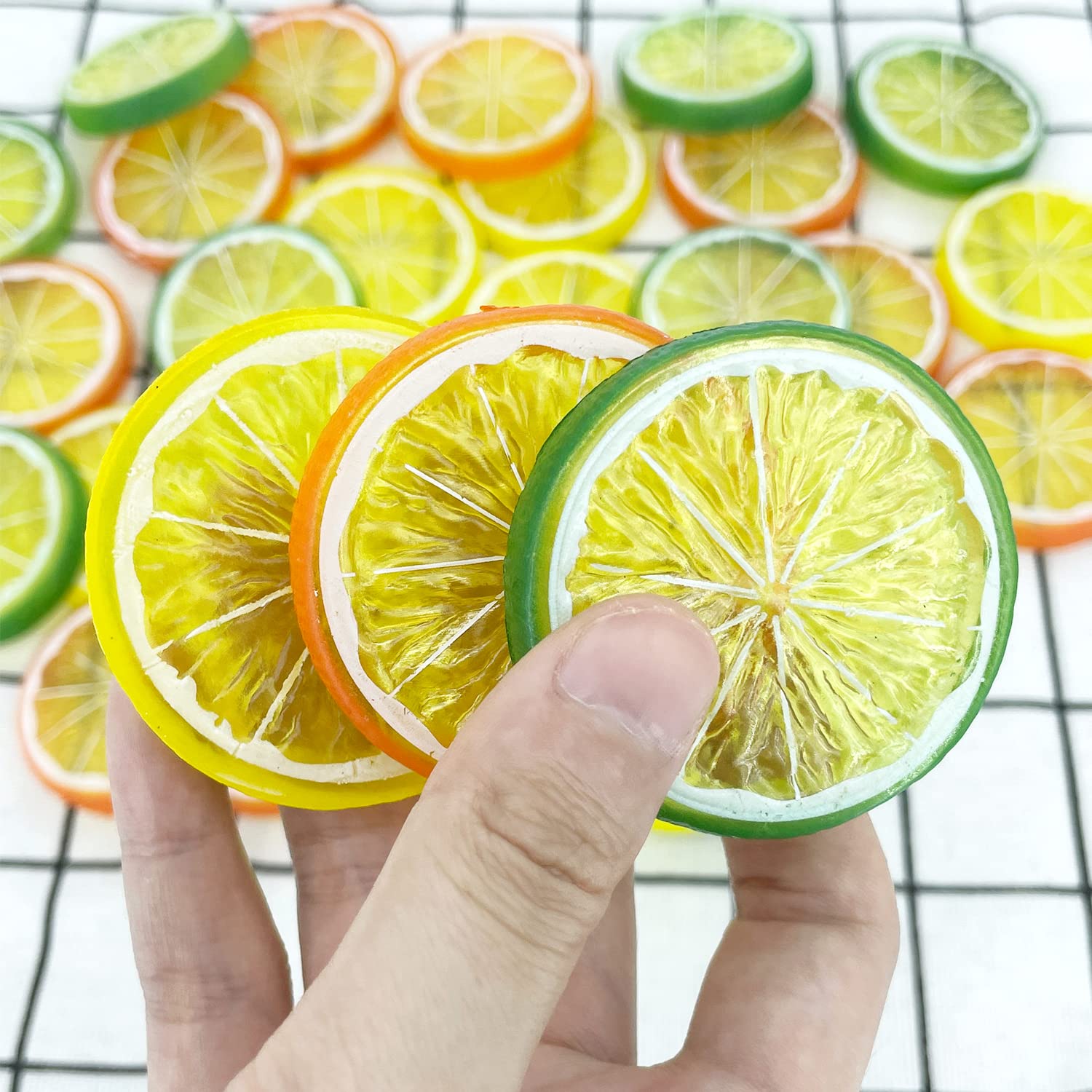 Lorigun 30Pcs Fake Lemon Slice Garnish Artificial Fruit Faux Food House Bar Decoration Cocktail Party Arrangement(Red Green Yell