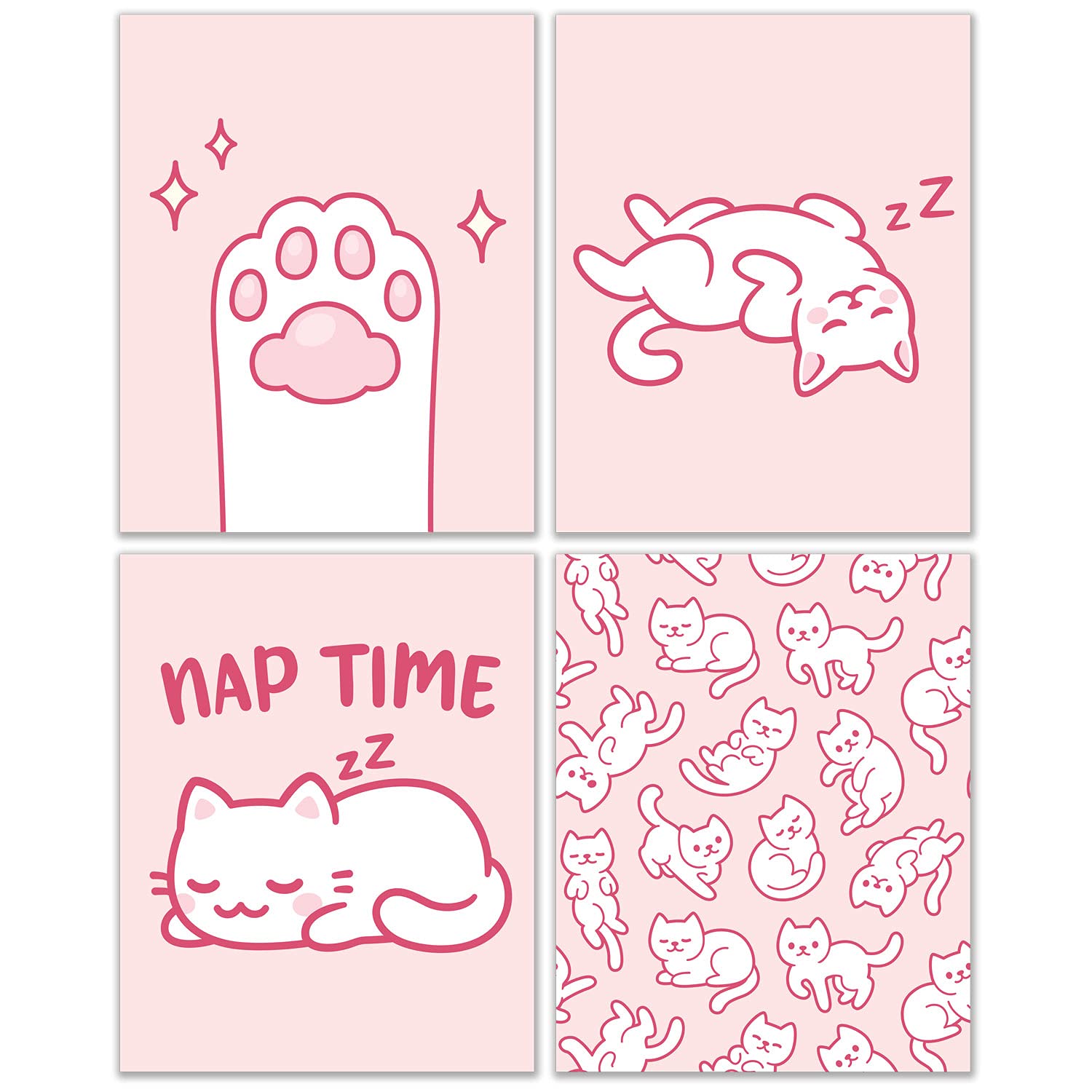 Crystal Canvas Prints Pink Cat Prints - Set of 4 (8x10) Inches Glossy Kawaii Kitten Paw Beans Cute Minimalist Pastel Blush Carto