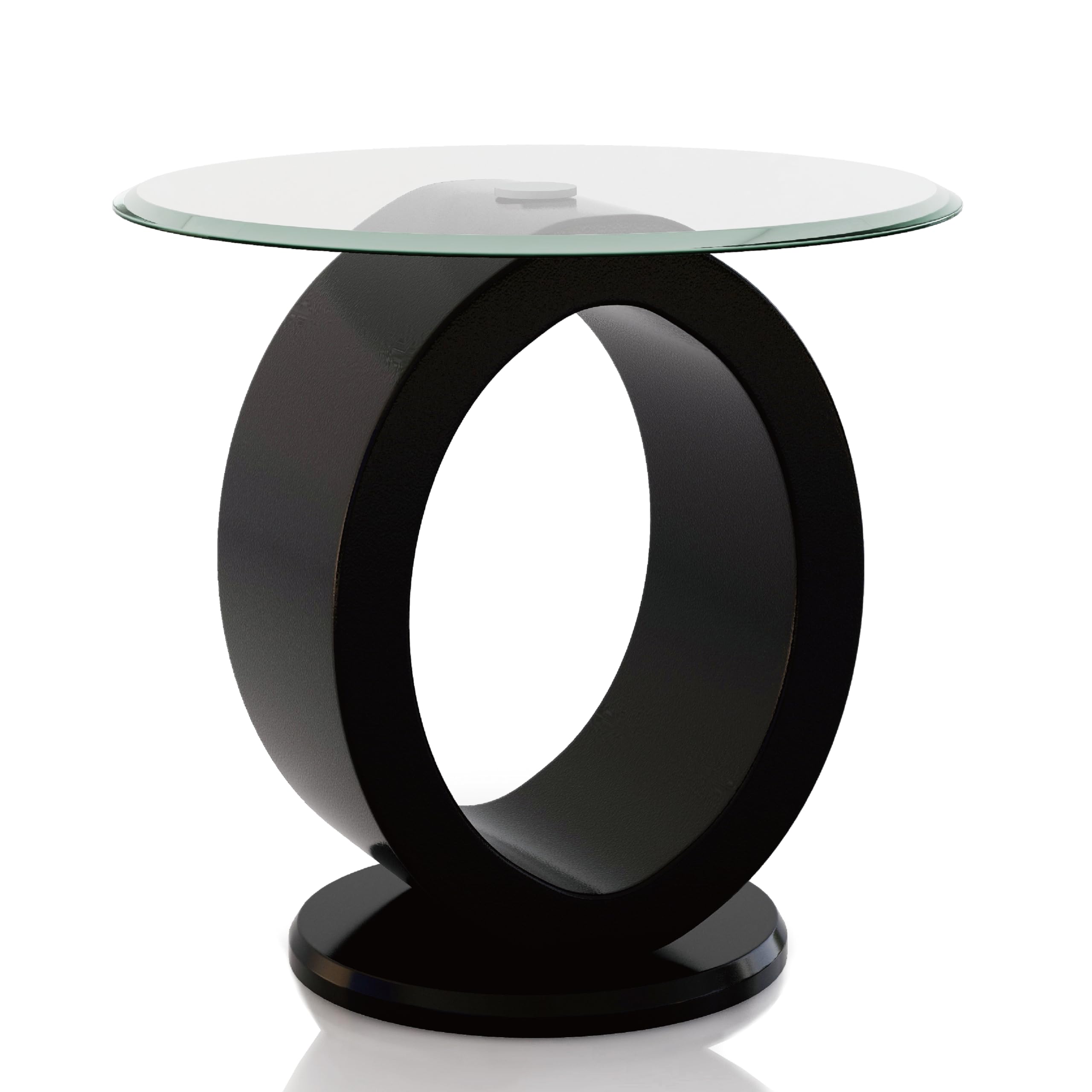 Furniture of America Modine Contemporary Round Accent Side Table, Modern Furniture, Beveled Tempered Glass, O-Shaped High Gloss 