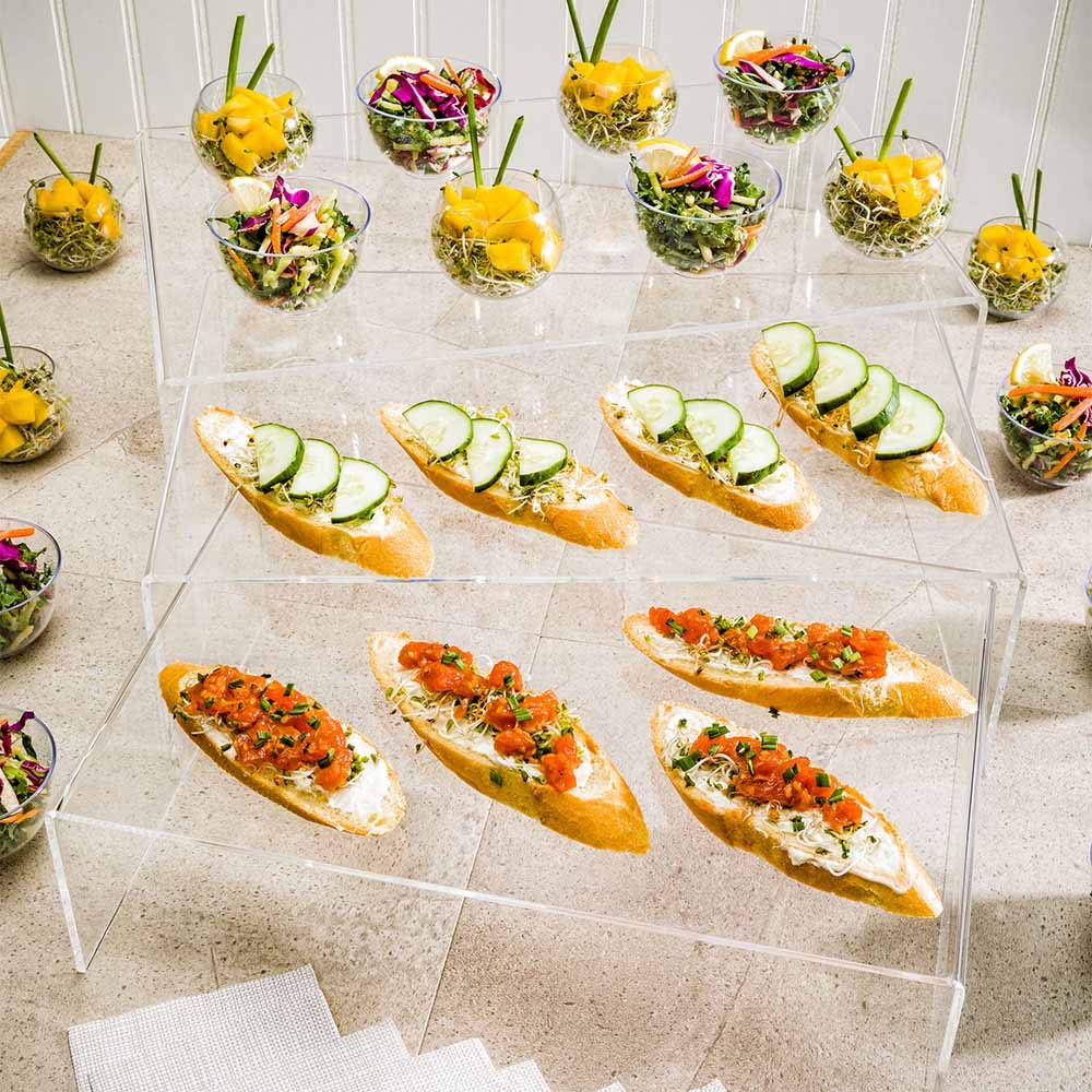 Restaurantware Clear Tek 15.75 X 11.8 X 5.9 Inch Shelf Risers 1 Set Of Rectangle Display Risers - 3 Tiers For Retail And Merchan