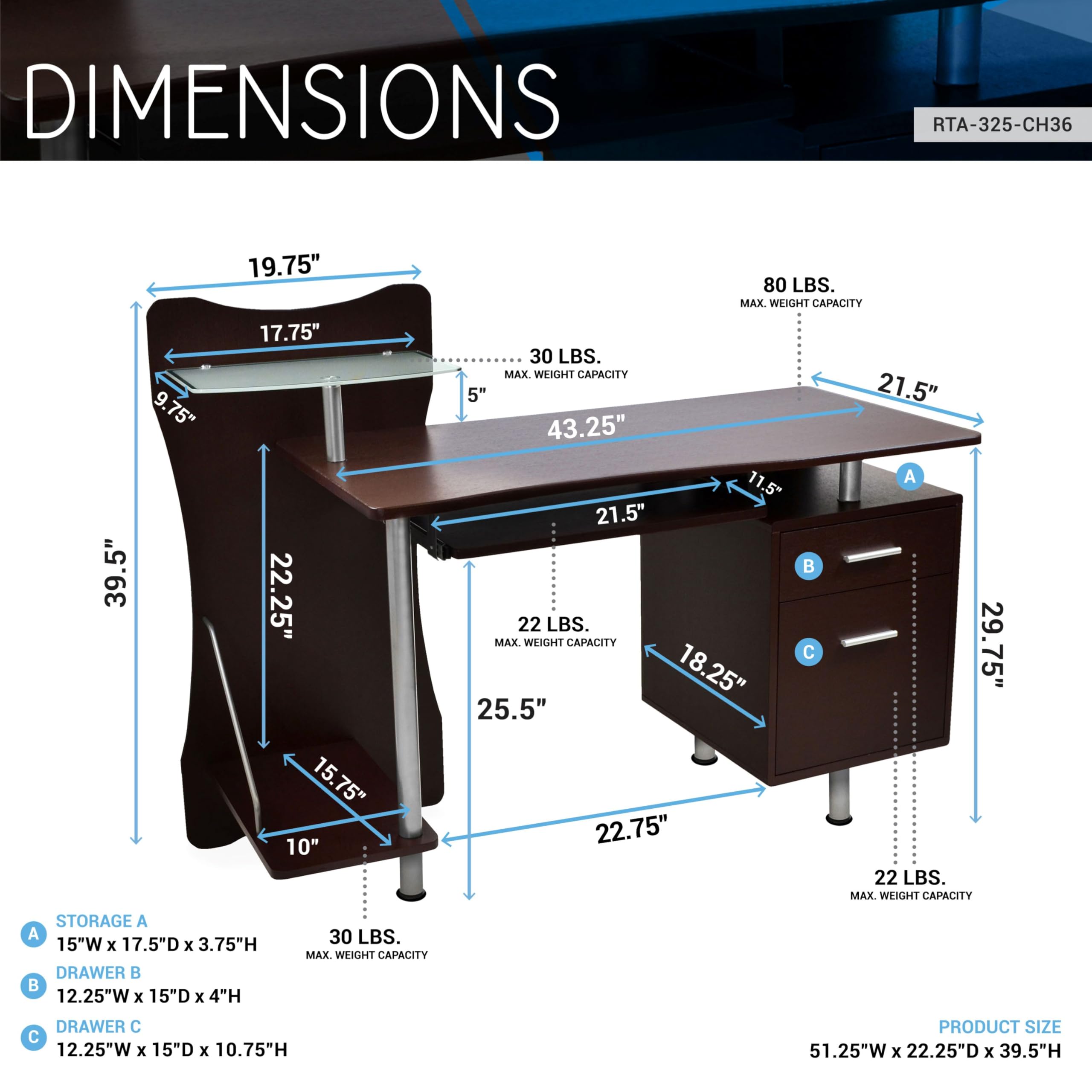 51'' Computer Desk With File Cabinet And Glass Printer Shelf - Thumbnail 3