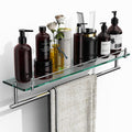 KOCOK Bathroom Glass Shelf with Towel Bar,24-Inch Chrome Polished Floating Glass Bathroom Shelves with Towel Rack Stainless Stee