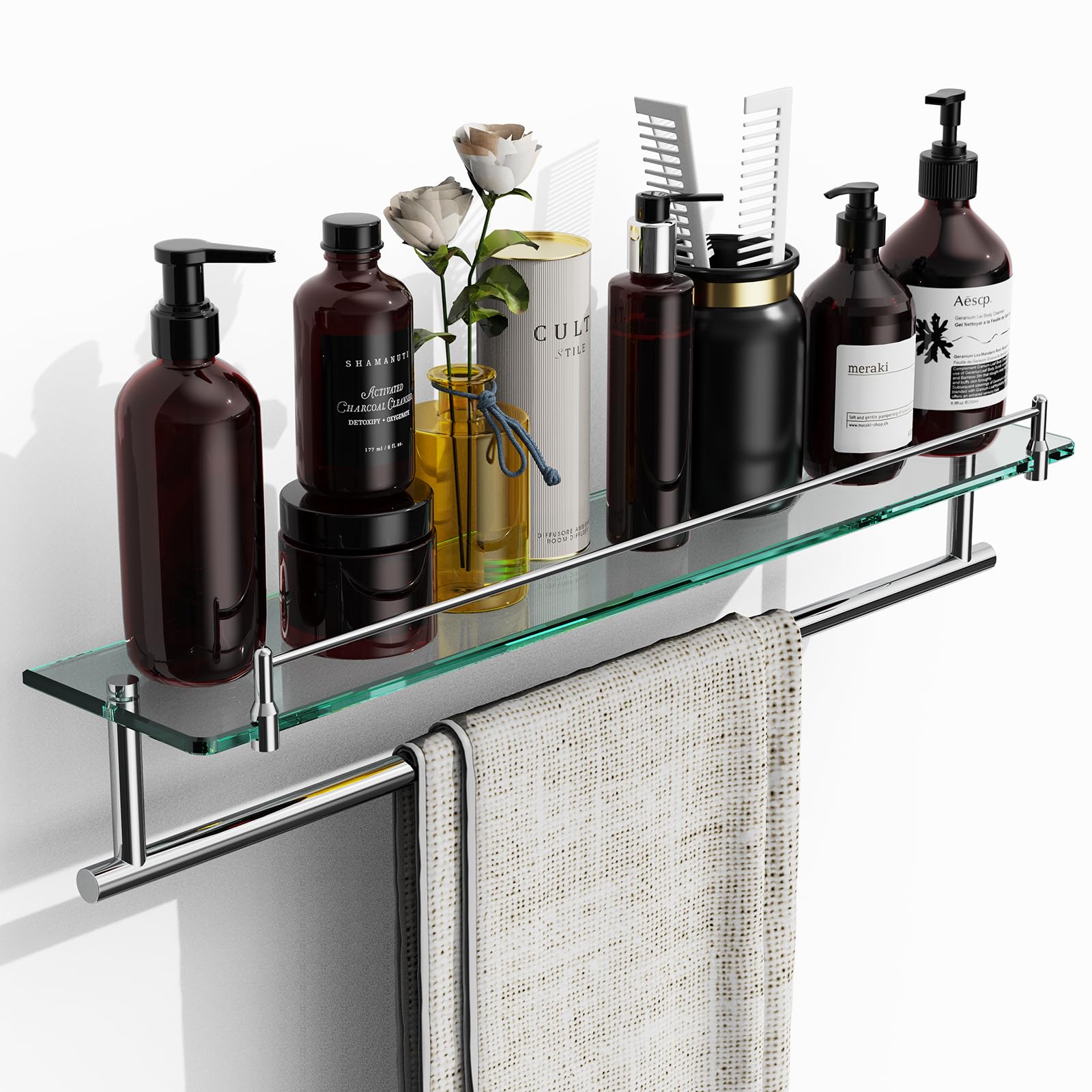 KOCOK Bathroom Glass Shelf with Towel Bar,24-Inch Chrome Polished Floating Glass Bathroom Shelves with Towel Rack Stainless Stee