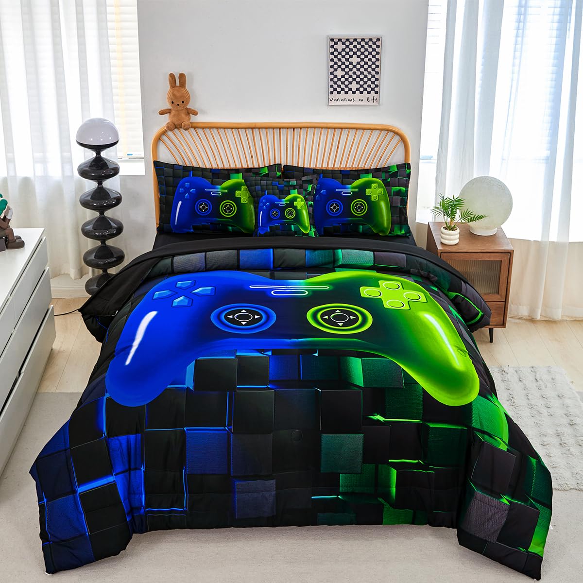 Perfemet 6-Piece Game Twin Comforter Set For Kids Blue And Green Boys Gaming Bed In A Bag With Sheets Soft 3D Cool Fluffy Video