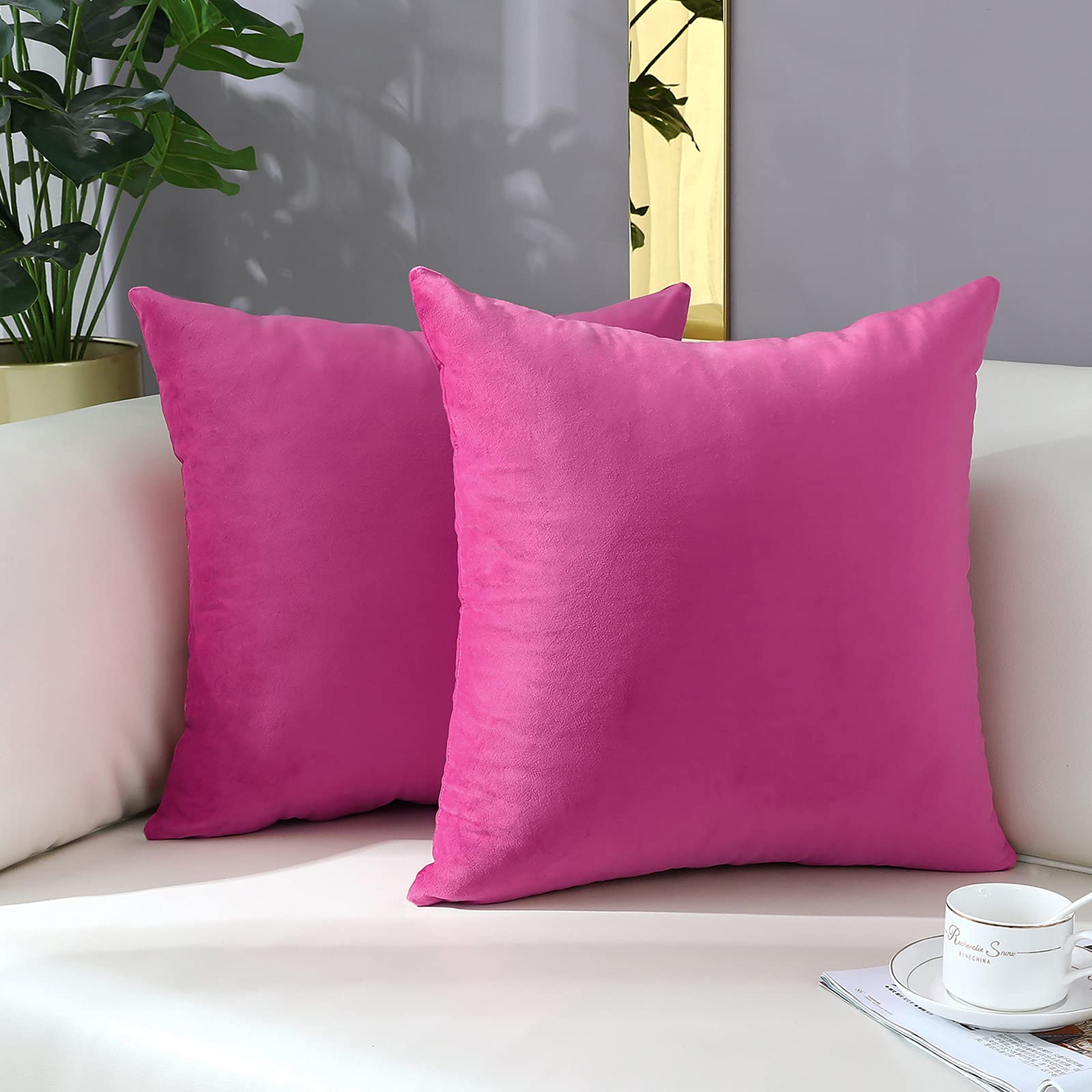 Mixeoo Comfy Hot Pink Throw Pillow Covers Decorative Square Solid Thick Velvet Super Soft Cushion Cases Home Decor For Sofa Couc