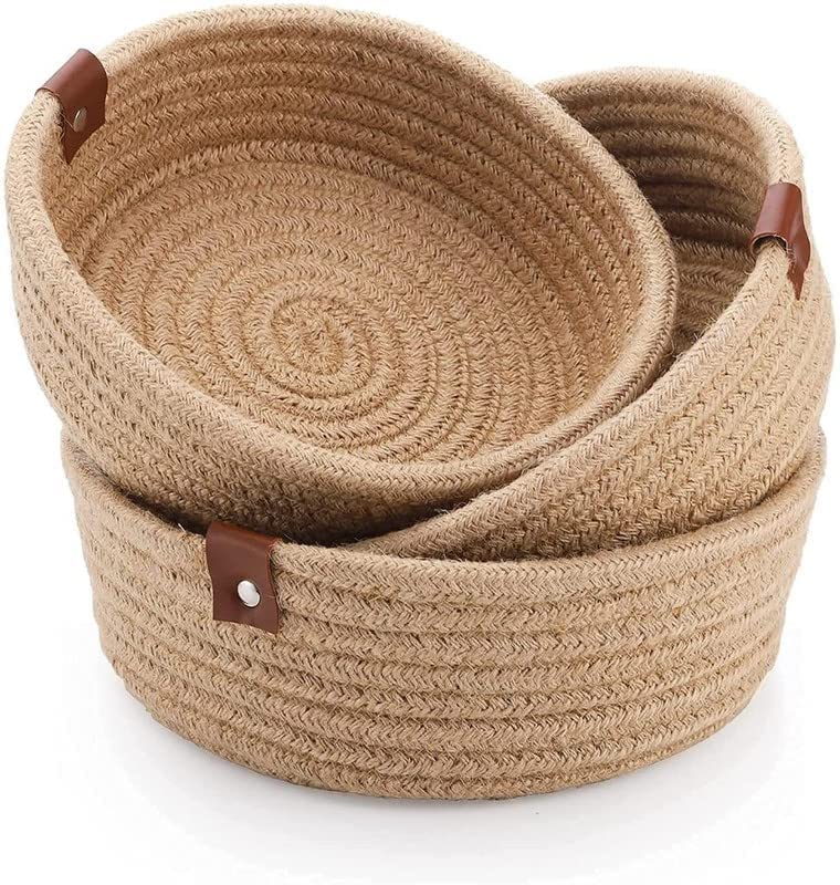 Mini Rope Storage Natural Handwoven Jute Shelf Round Basket For Your Home & Kitchen (Small,Medium,Large)  Pack Of 3 (Set Of 3 P