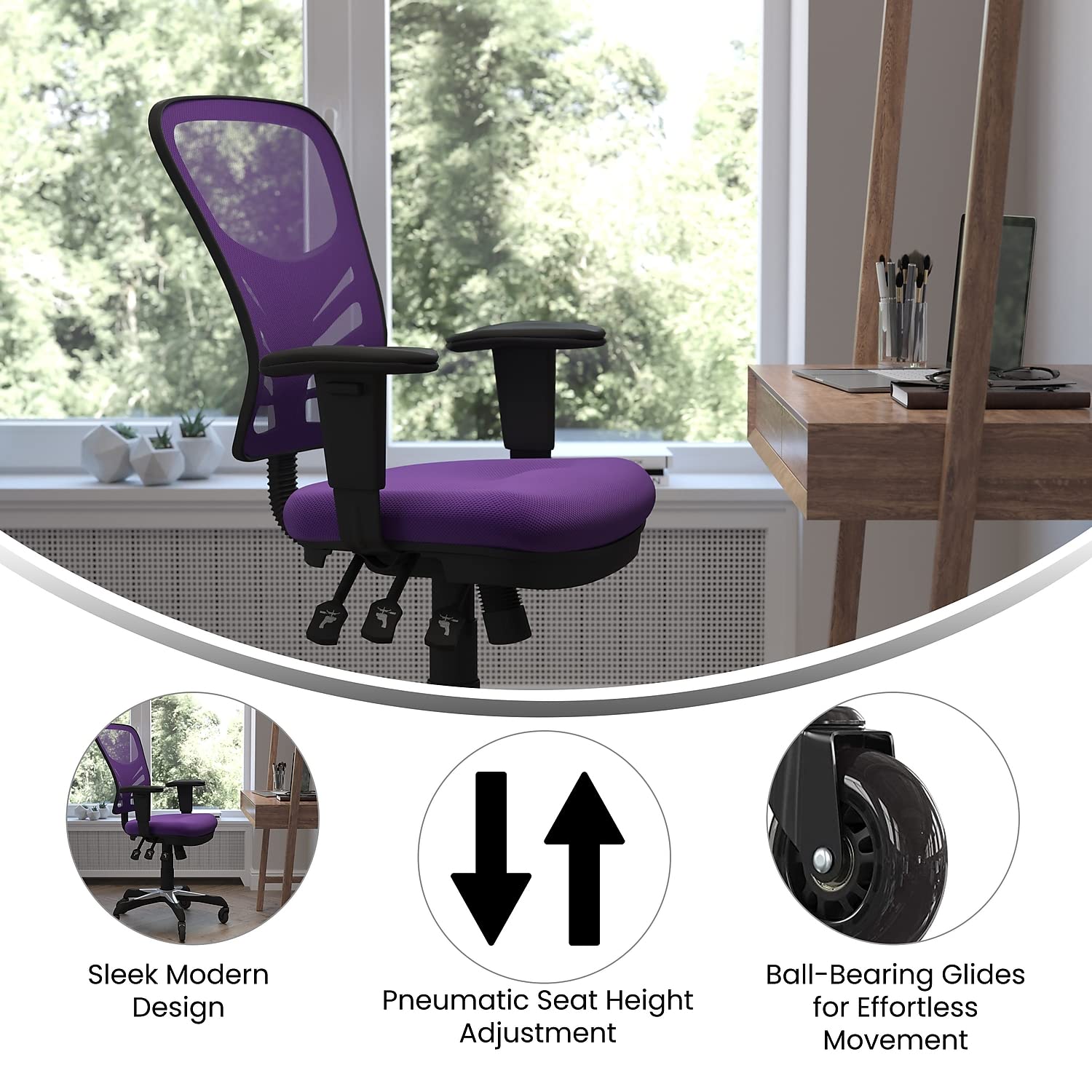 Flash Furniture Nicholas Mid-Back Multifunction Executive Swivel Ergonomic Office Chair With Adjustable Arms, Transparent Roller Wheels, 27&Quot;, Purple Mesh