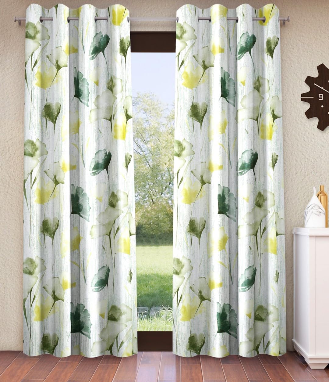 Home Sizzler 2 Pieces Abstract Garden Eyelet Polyester Semi Sheer Window Curtains5 Feet, Green