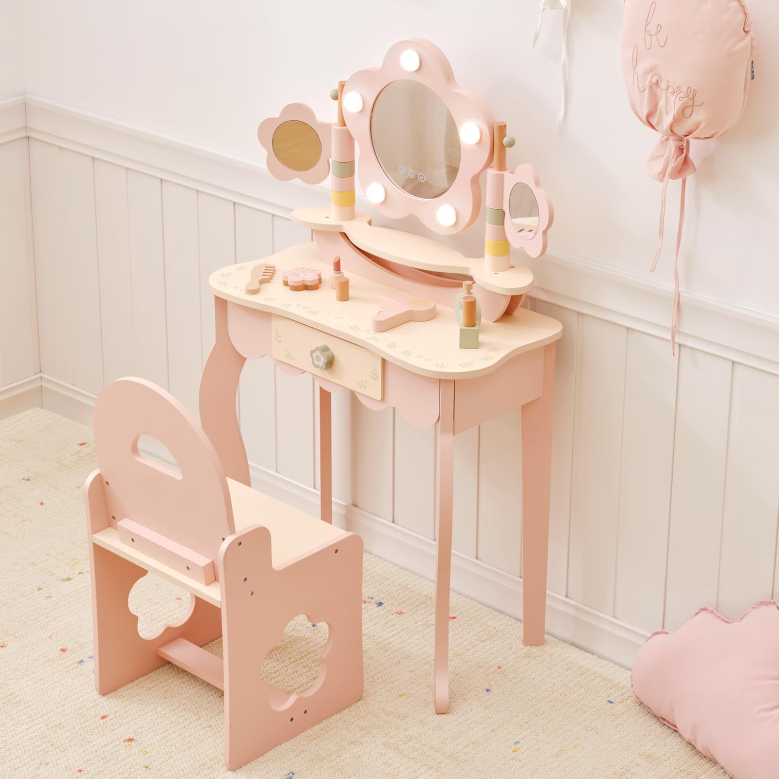 OOOK Kids Vanity Table and Chair Set with Lights, Makeup Vanities with Touch Screen 3 Colors, Pink Girls Vanitys, Enough for Rea