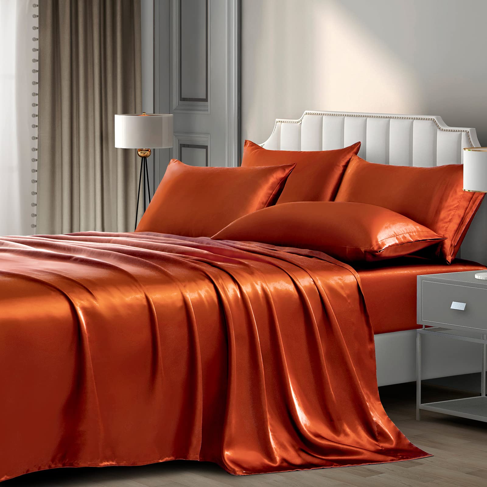 P Pothuiny Satin Sheets Queen (6 Pieces, Burnt Orange) Luxury Silky Satin Bed Sheets Queen Bedding Set, Extra Soft Satin Sheet S
