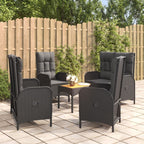 vidaXL Modern 5 Piece Black Patio Dining Set with Cushions, Poly Rattan Outdoor Lounge Furniture, Featuring Reclining Garden Chairs and Acacia Wood Tabletop.