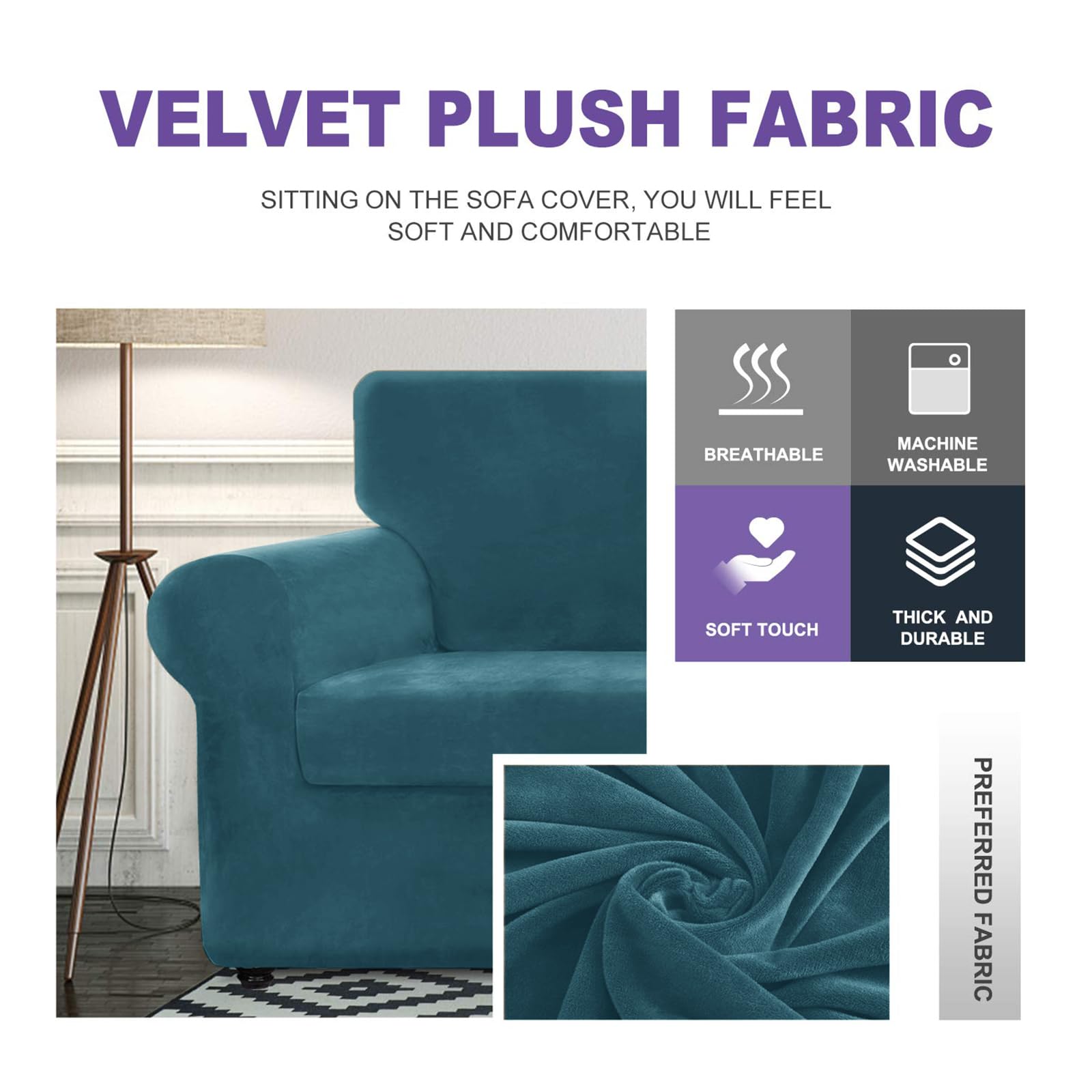 Znsayotx Luxury Velvet Couch Cover 3 Piece Stretch Sofa Covers For 2 Cushion Couch Soft Loveseat Slipcover Living Room Anti Slip Dogs Love Seat Furniture Protector (Peacock Blue), 55'-69'(2 Cushions)