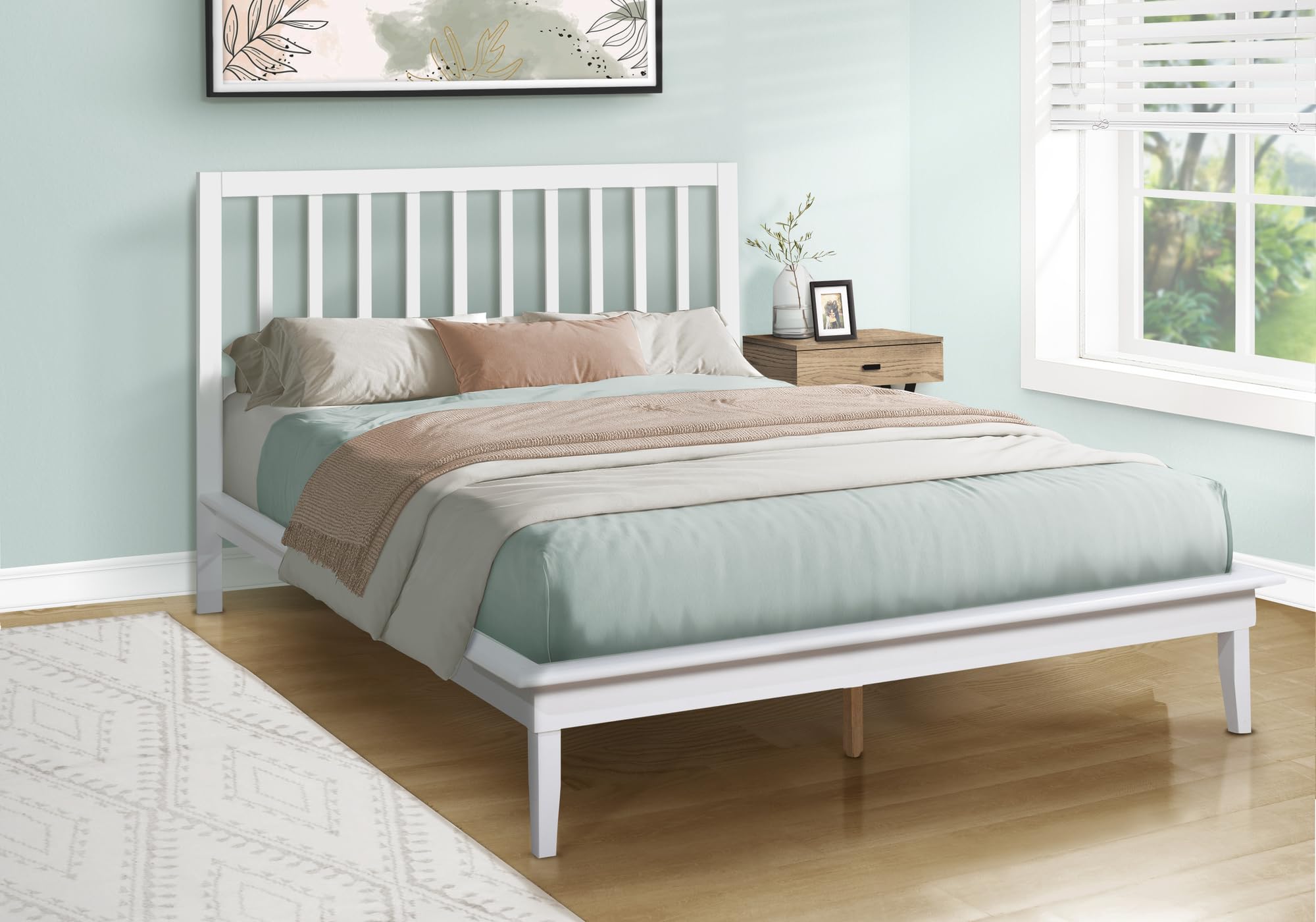 Monarch Specialties I 6061Q Bed, Platform Bed, Queen Size, Frame Only, Bedroom, White Wood Frame, White Wood Legs, Contemporary, Modern