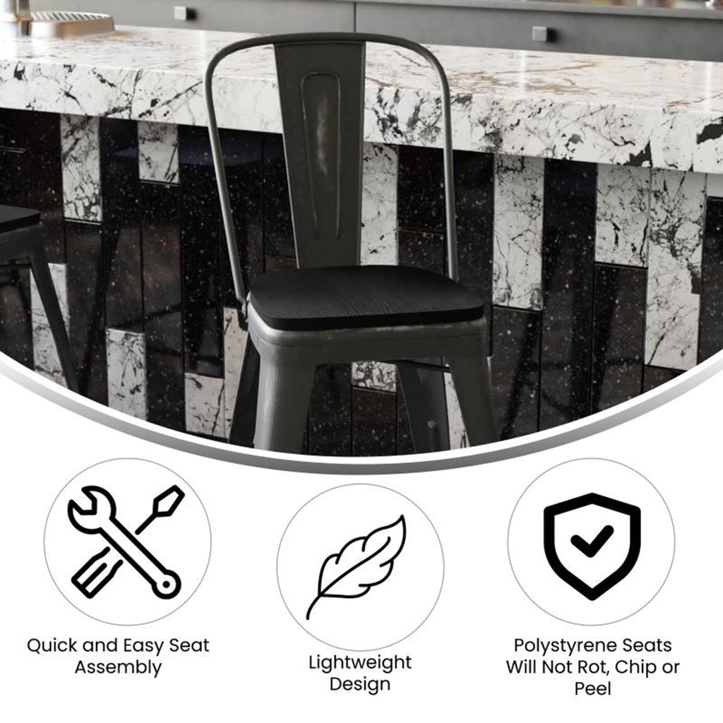 Flash Furniture Carly Commercial Grade 24" High Black Metal Indoor-Outdoor Counter Height Stool with Back and Black Polystyrene Seat