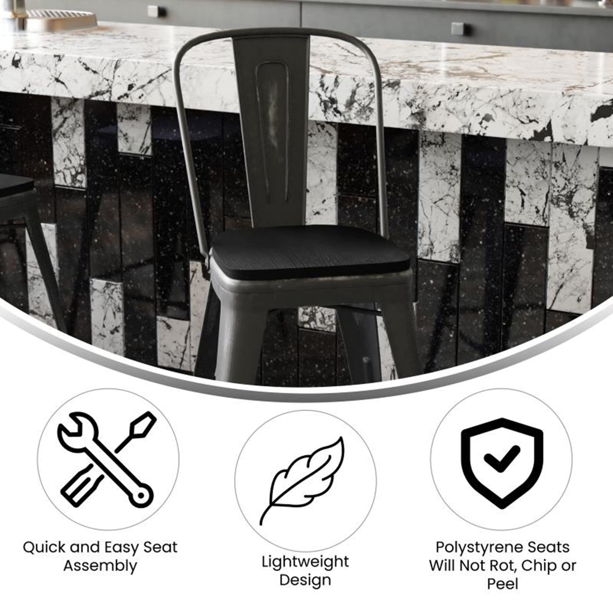 Flash Furniture Carly Commercial Grade 24" High Black Metal Indoor-Outdoor Counter Height Stool with Back and Black Polystyrene Seat