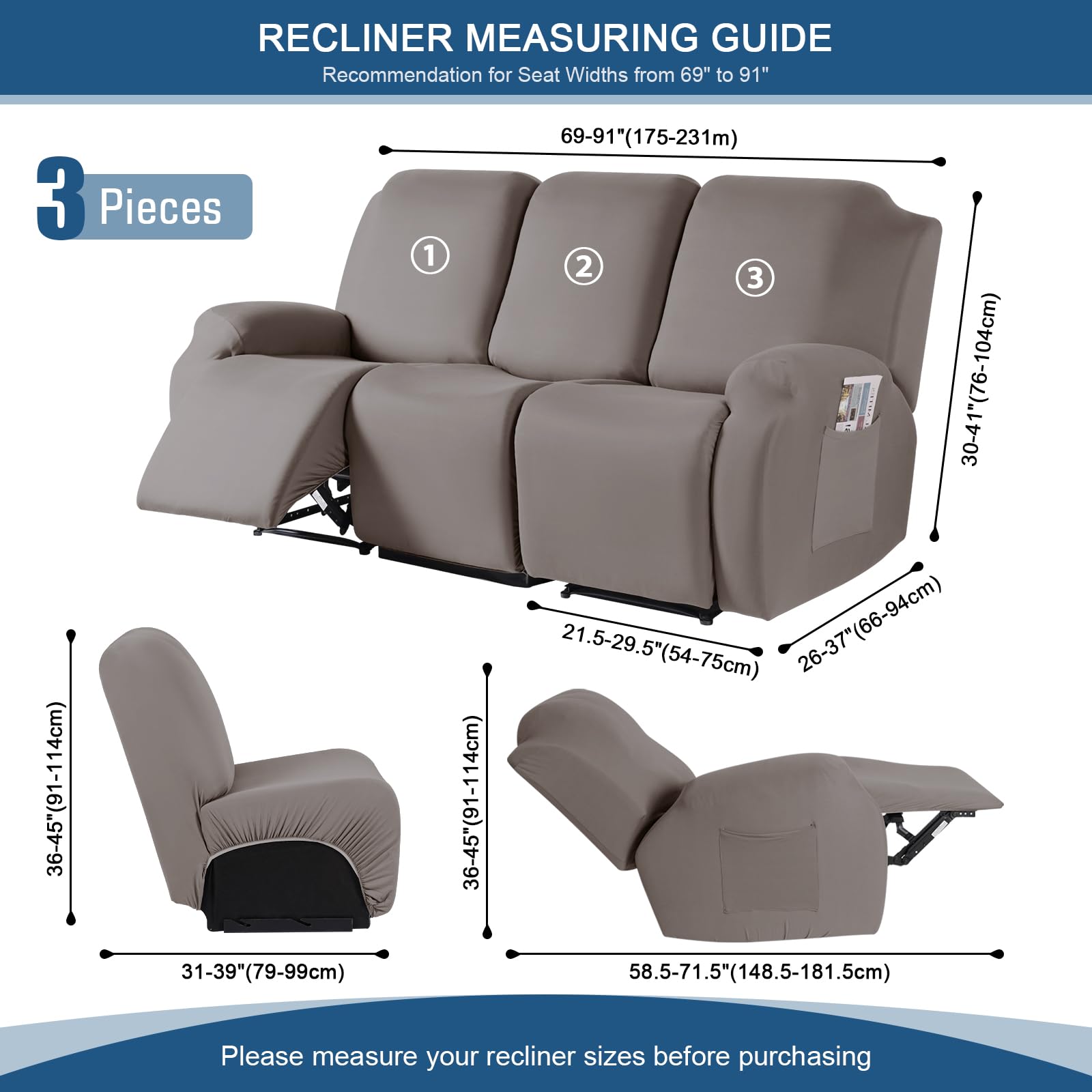 Taococo Stretch Recliner Sofa Covers 3 Pieces Couch Covers For 3 Seat Reclining Sofa, Soft Polyester Fabric Washable Furniture P