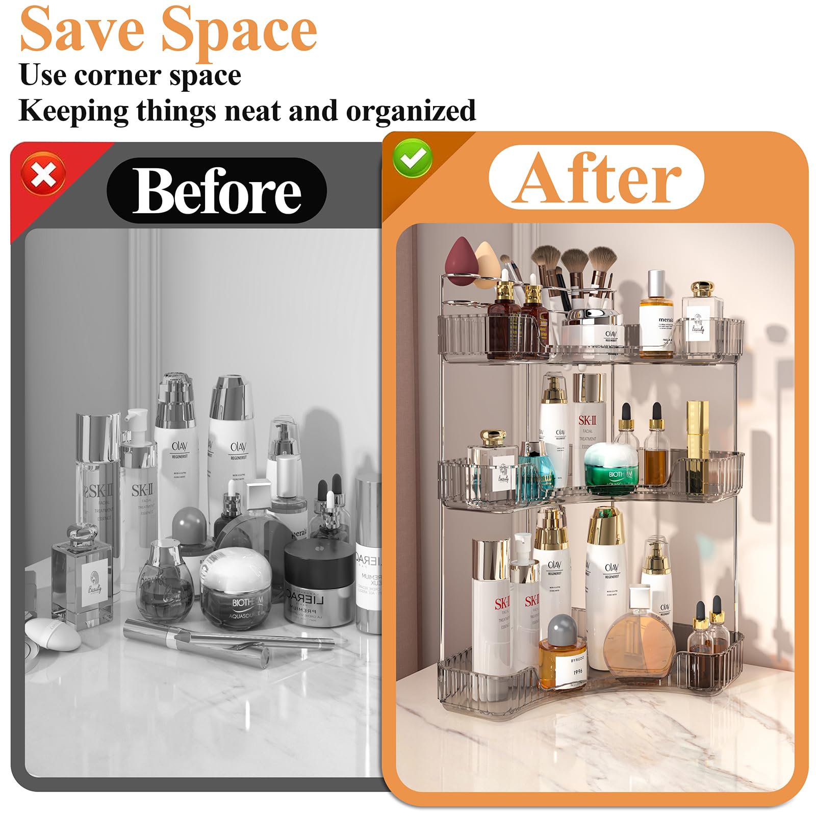 Sunzos Modern 3-Tier Bathroom Organizer, Corner Makeup Storage With Brush Holder, Acrylic Vanity Organizer, Large Capacity Count