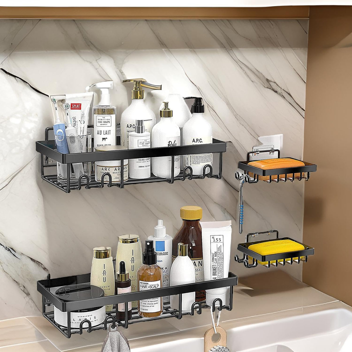 iSTAR Metal Self Adhesive Wall Mount Bathroom Rack Shelf Hanging Shelves with Hooks No Drilling Storage Racks Accessories Set fo