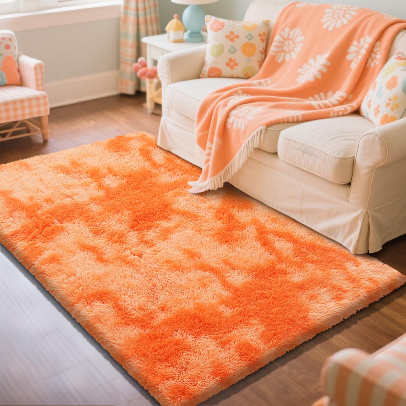 Mottling Orange Fluffy Rug Shaggy Area Rug, 2x4 Area Rugs for Girls Bedroom, Soft Cute Baby Play Mat, Indoor Floor Carpet for Te