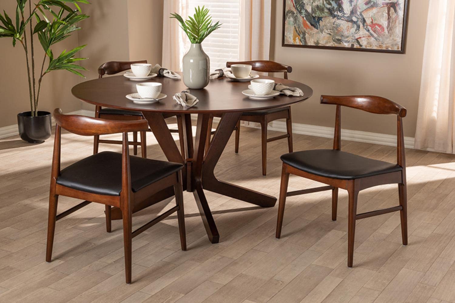 Baxton Studio Berlin Mid-Century Modern Black Faux Leather Upholstered Walnut Finished 5-Piece Wood Dining Set