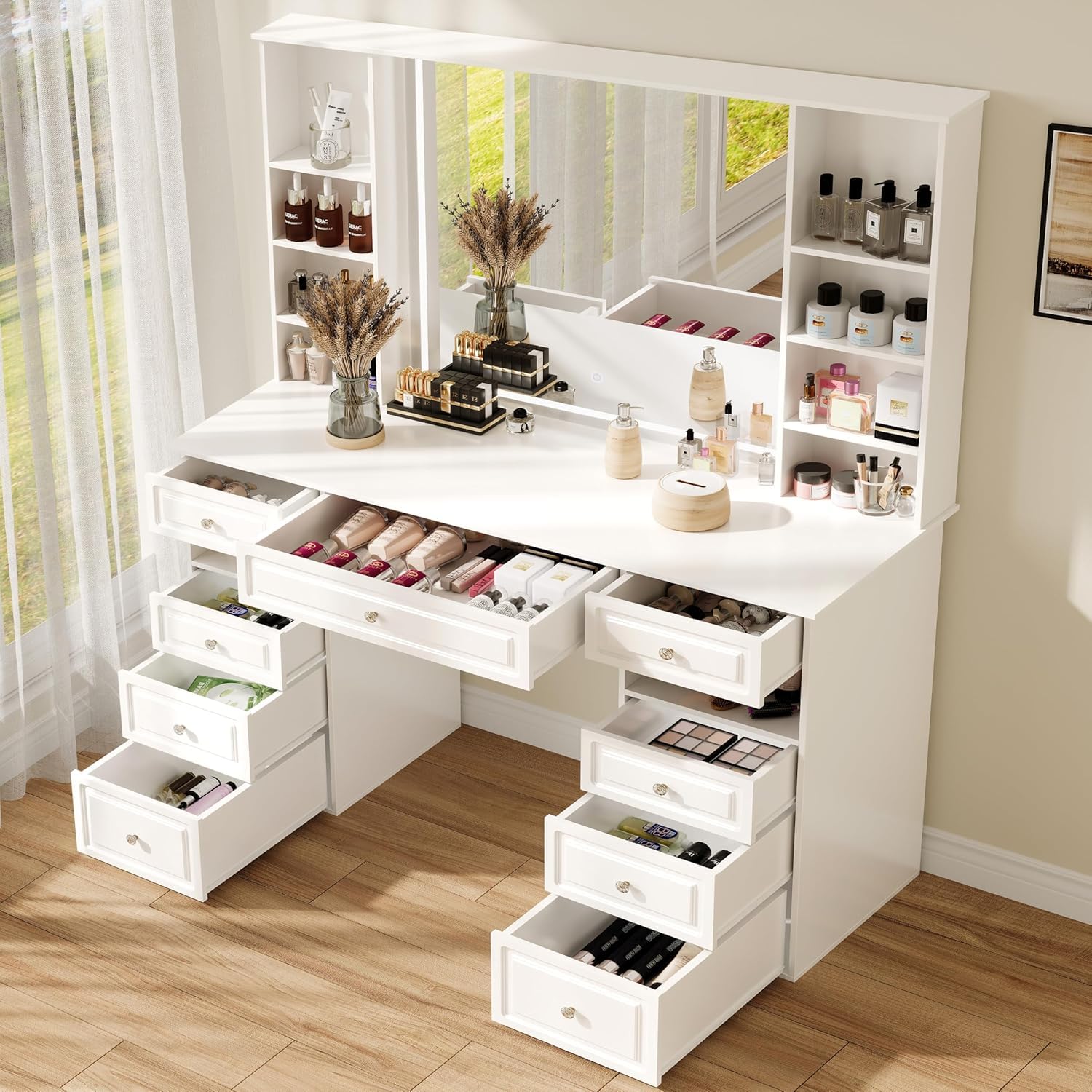 Jartoil Extra Large Vanity Desk with LED Lighted Mirror, White Makeup Vanity with 9 Drawers, Crystal Ball Knobs Mordern Makeup D