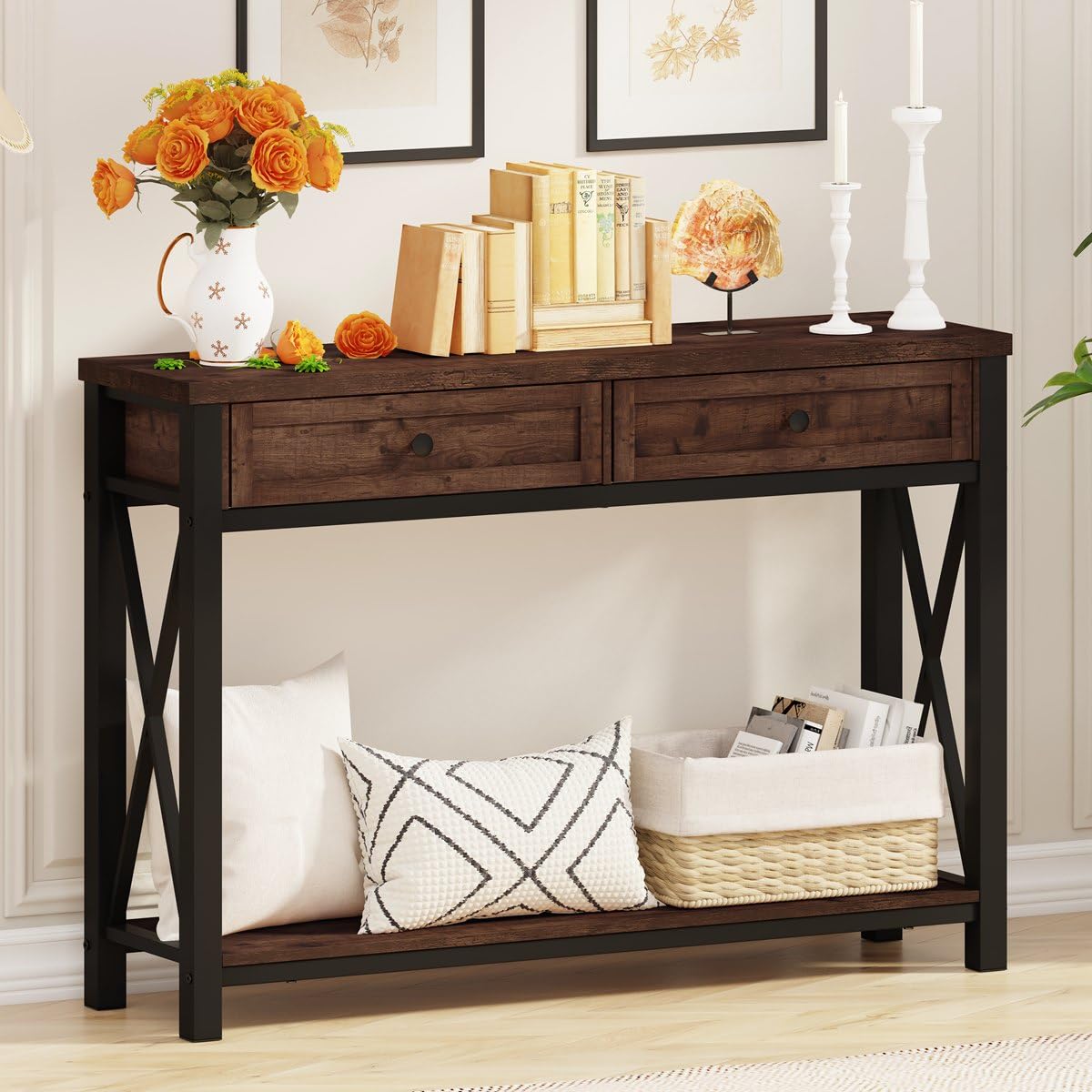 BON AUGURE Console Table with 2 Drawers, Entryway Tables with Storage, Sofa Table Behind Couch for Living Room, Farmhouse Entry 