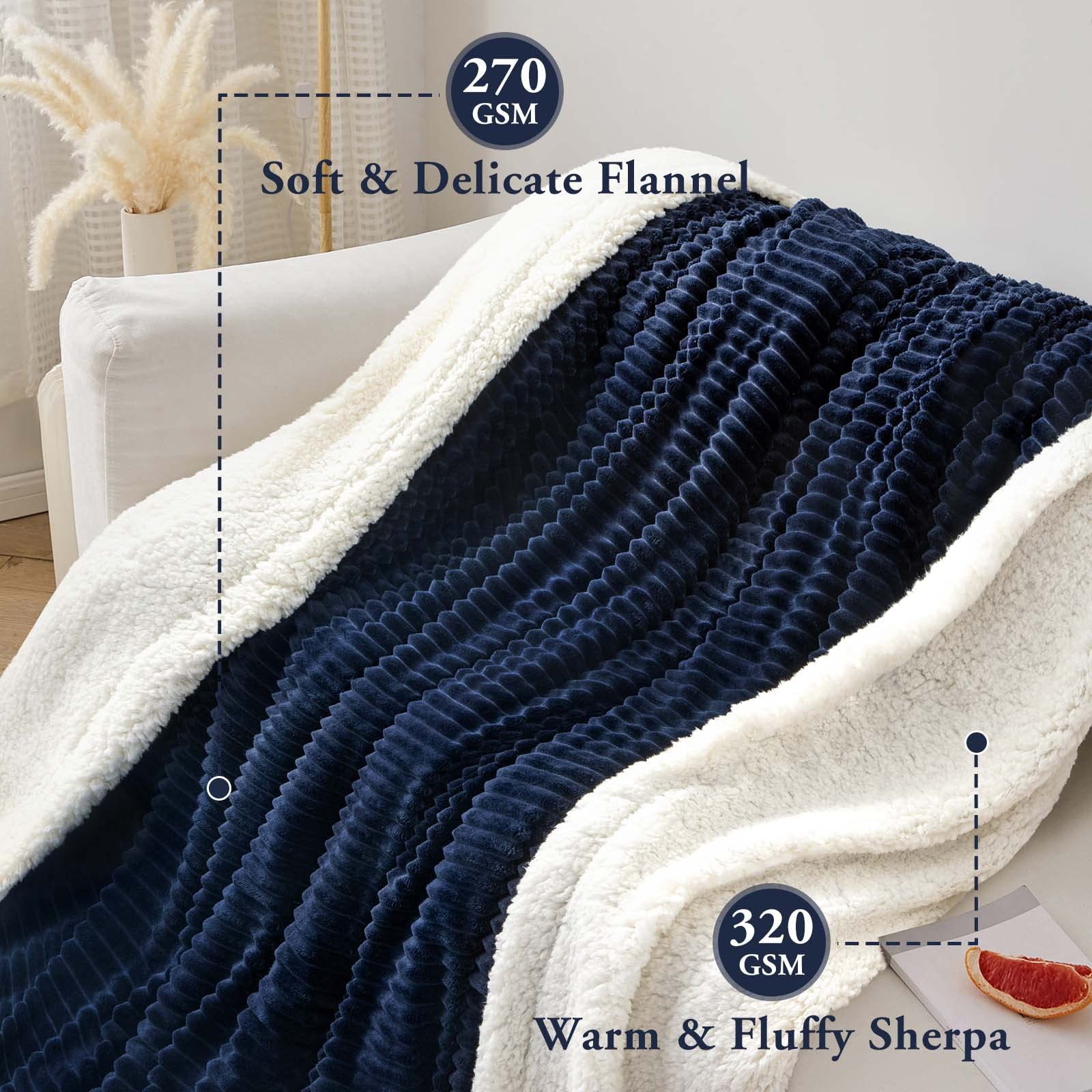 Lbro2M Striped Sherpa Fleece Bed Blanket Twin Size, Super Soft Fuzzy Plush Warm Cozy Fluffy Microfiber Couch Throw Velvet Double Reversible Luxurious Blankets (65X90),Navy Blue