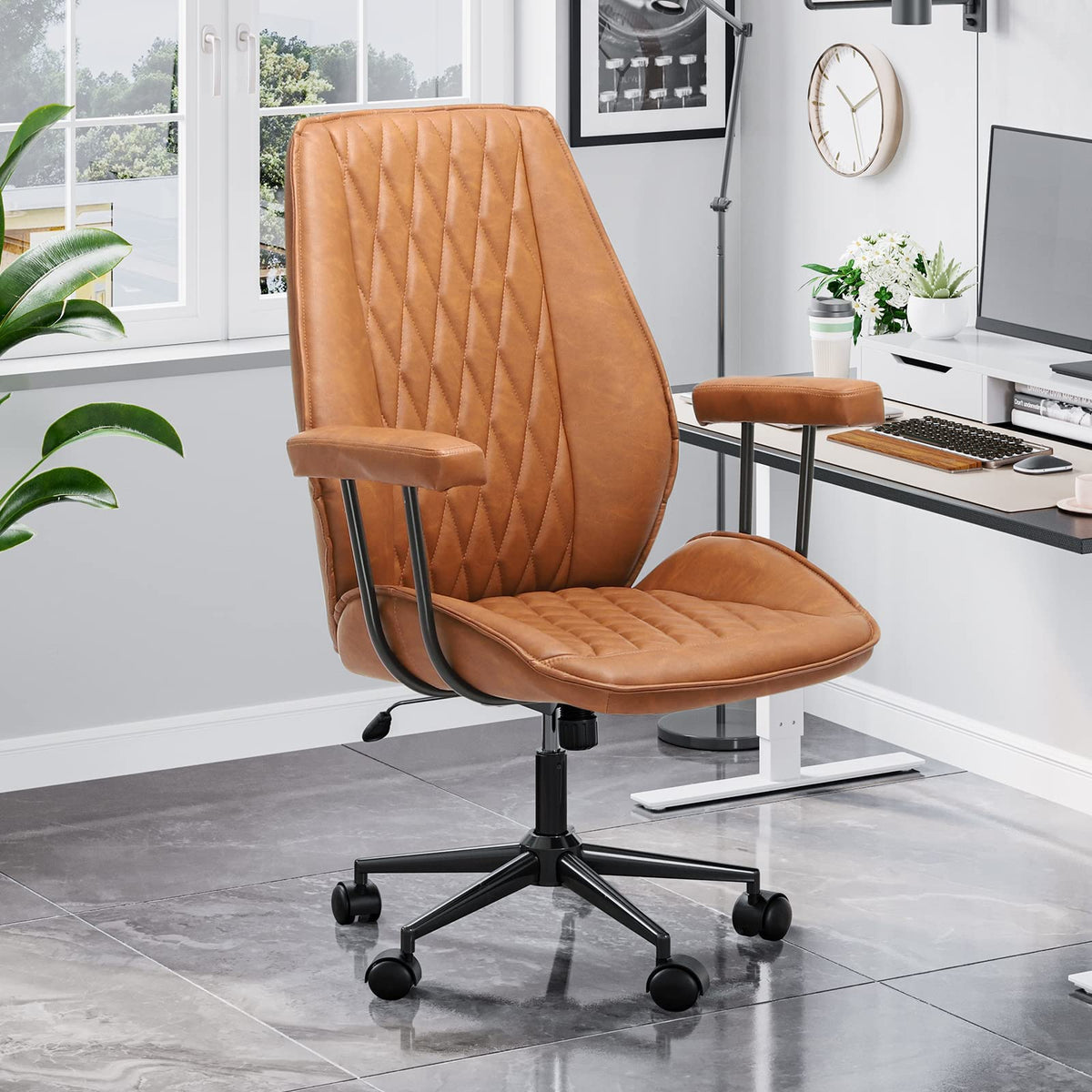 DICTAC Leather Brown Office Chair with Mid Back Support Armrests Rolling Swivel Wheels Height Adjustable Task Chair for Executiv