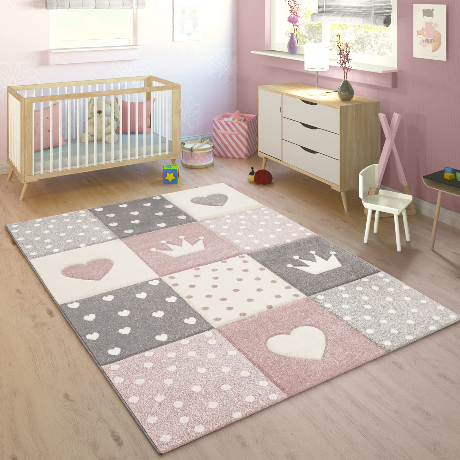 Kid'S Rug Pastel Colors Checked Dots Hearts Stars White Grey Pink, Size: 5'3' Round